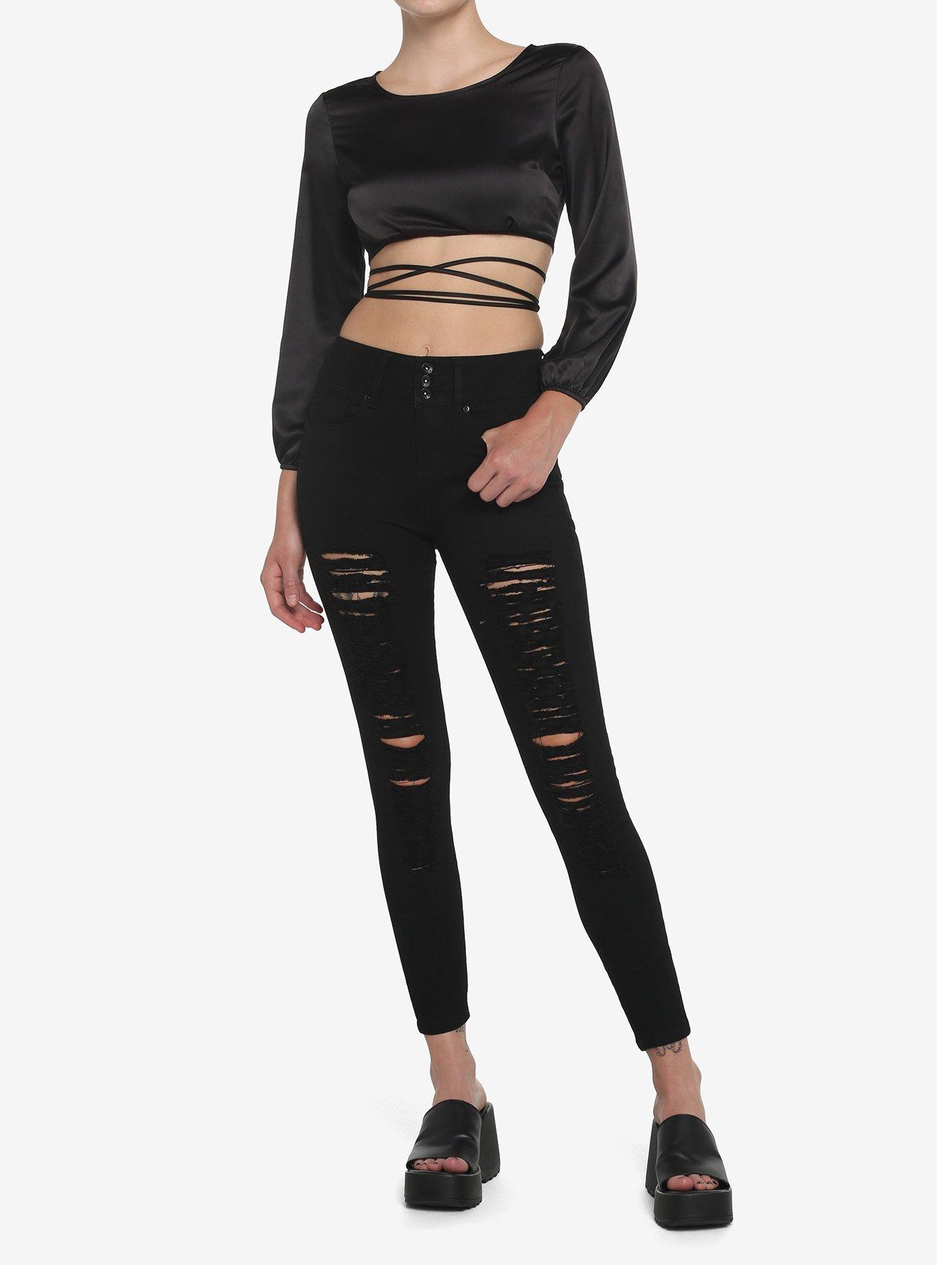 Black Open Back Girls Crop Long-Sleeve Top, BLACK, alternate