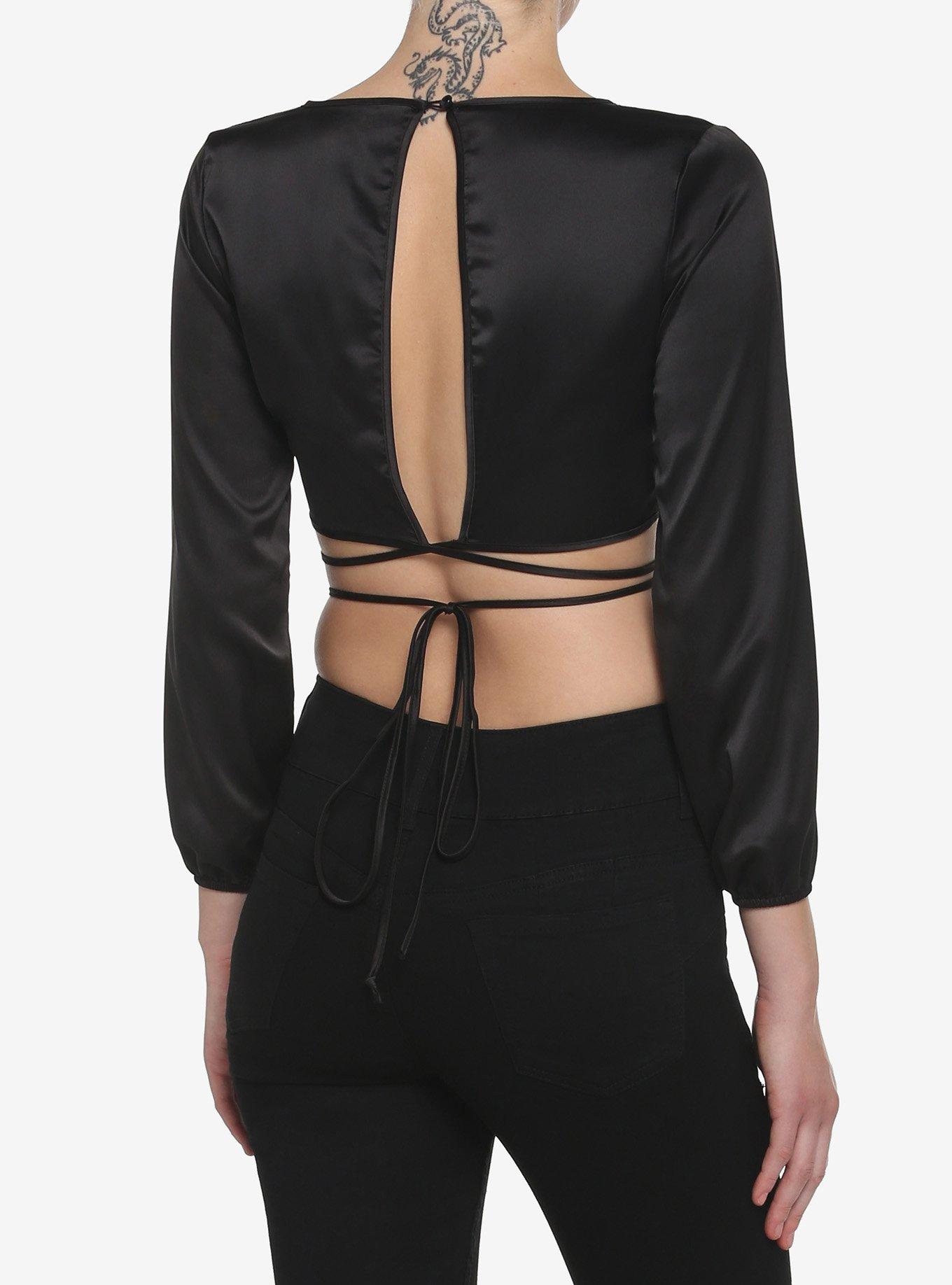 Black Open Back Girls Crop Long-Sleeve Top, BLACK, alternate