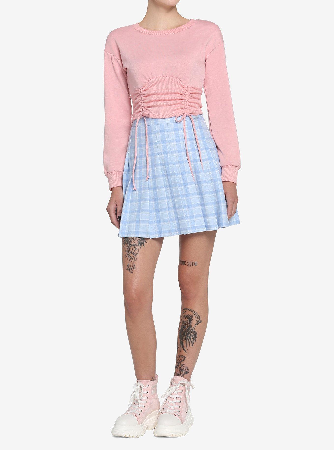 Pink Double Ruched Girls Crop Sweatshirt, PINK, alternate