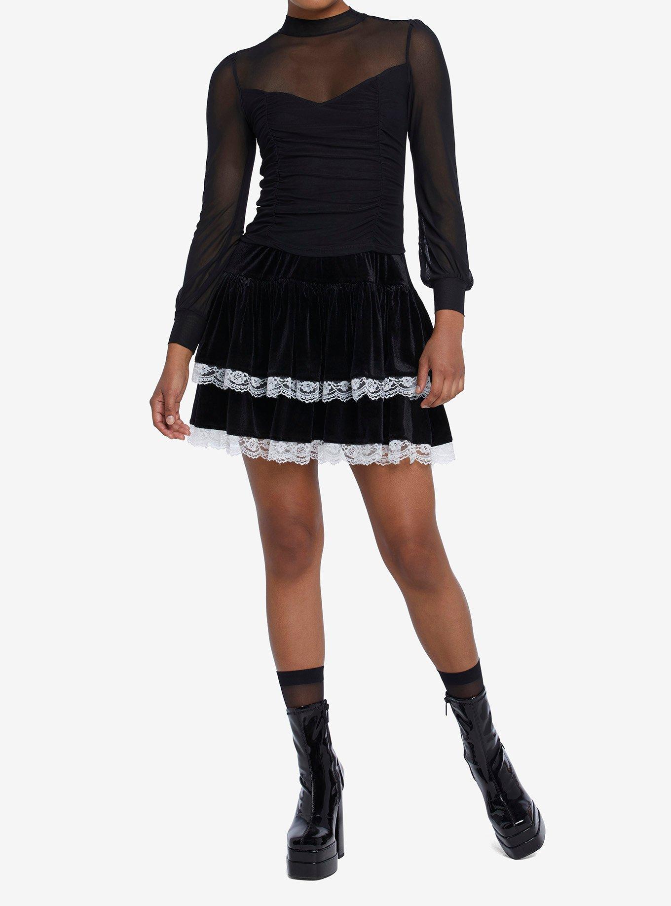 Black Double Ruched Mesh Girls Long-Sleeve Top, BLACK, alternate