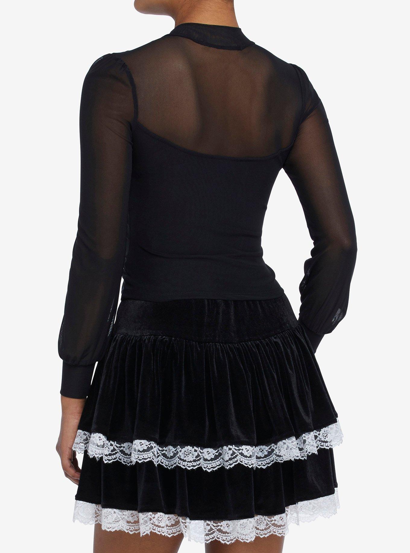 Black Double Ruched Mesh Girls Long-Sleeve Top, BLACK, alternate