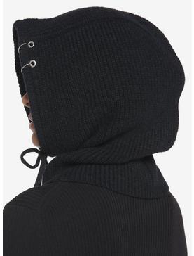 Black Knit Lace-Up O-Ring Hood, , hi-res