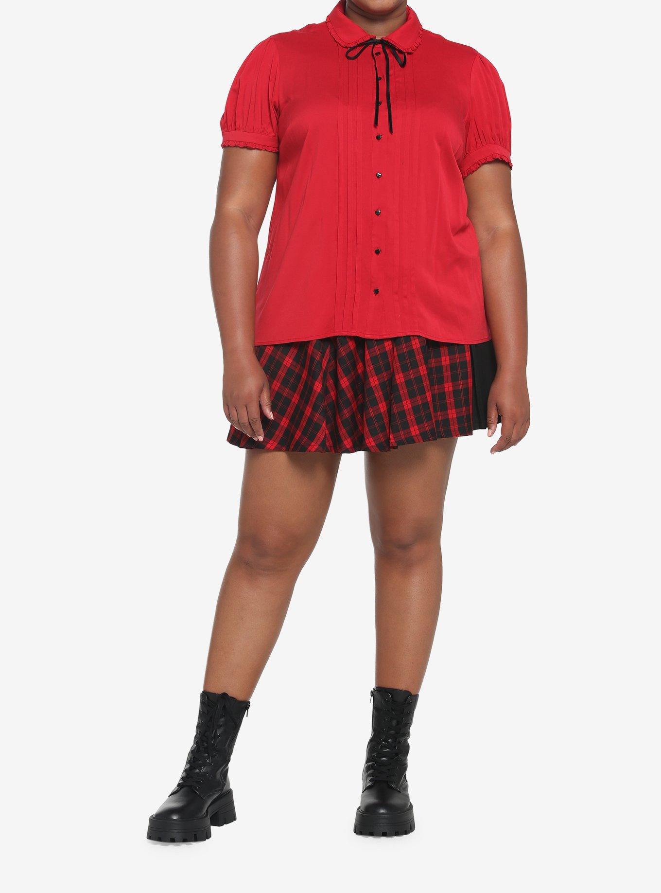 Red Peter Pan Collar Woven Button-Up Plus Size, RED  BLACK, alternate