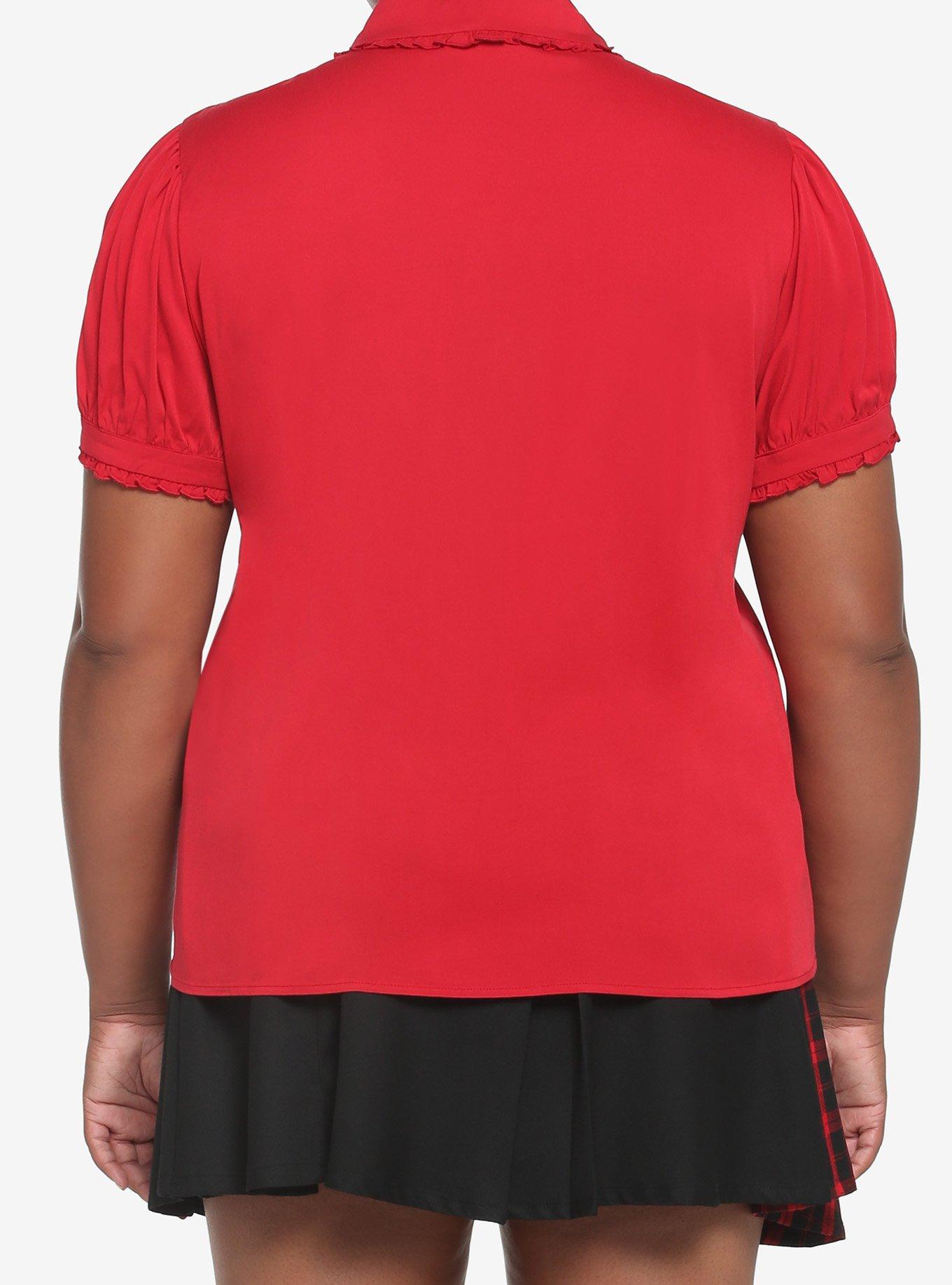 Red Peter Pan Collar Woven Button-Up Plus Size, RED  BLACK, alternate