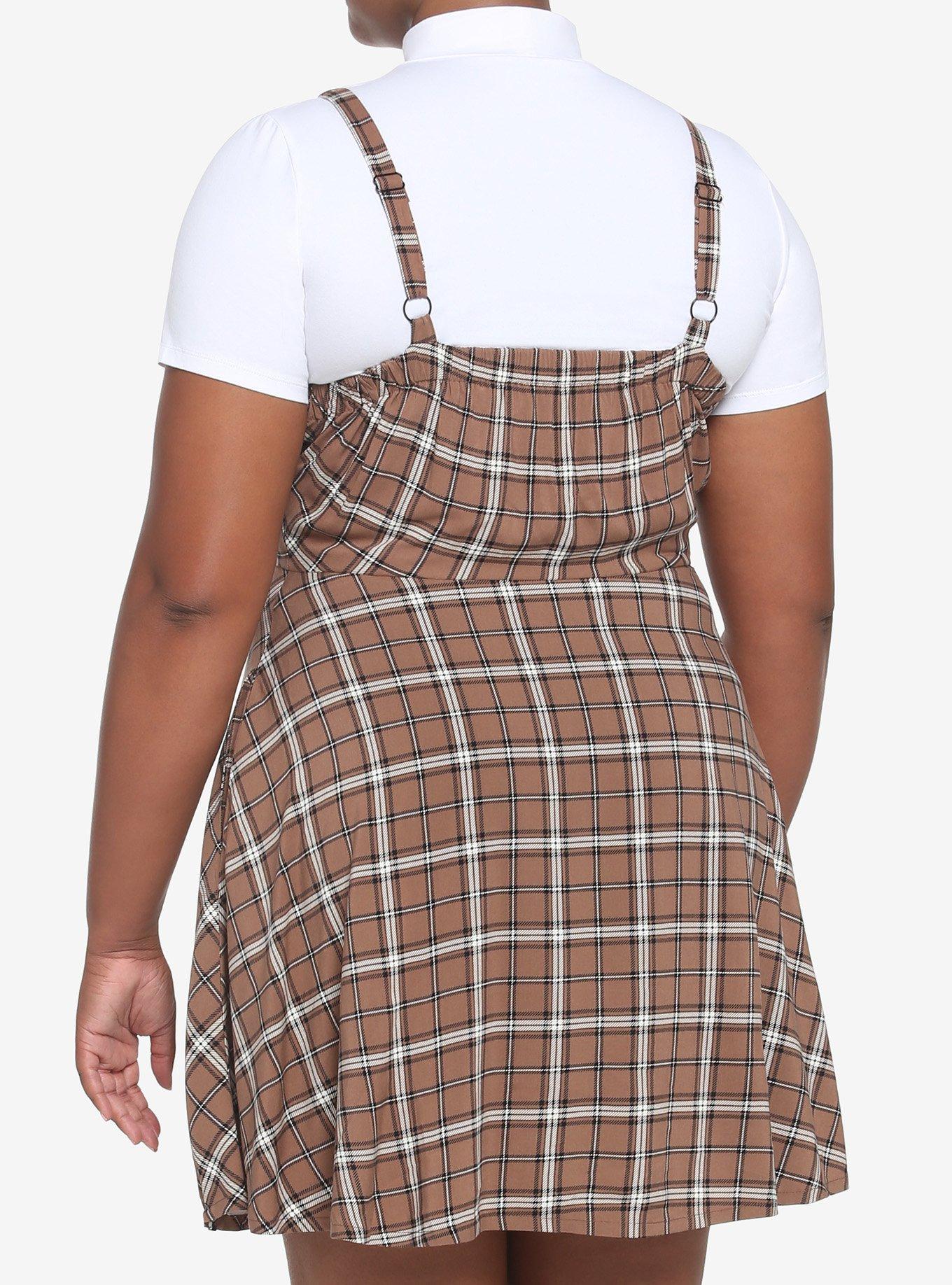 Brown Plaid Twofer Dress Plus Size, PLAID - BROWN, alternate