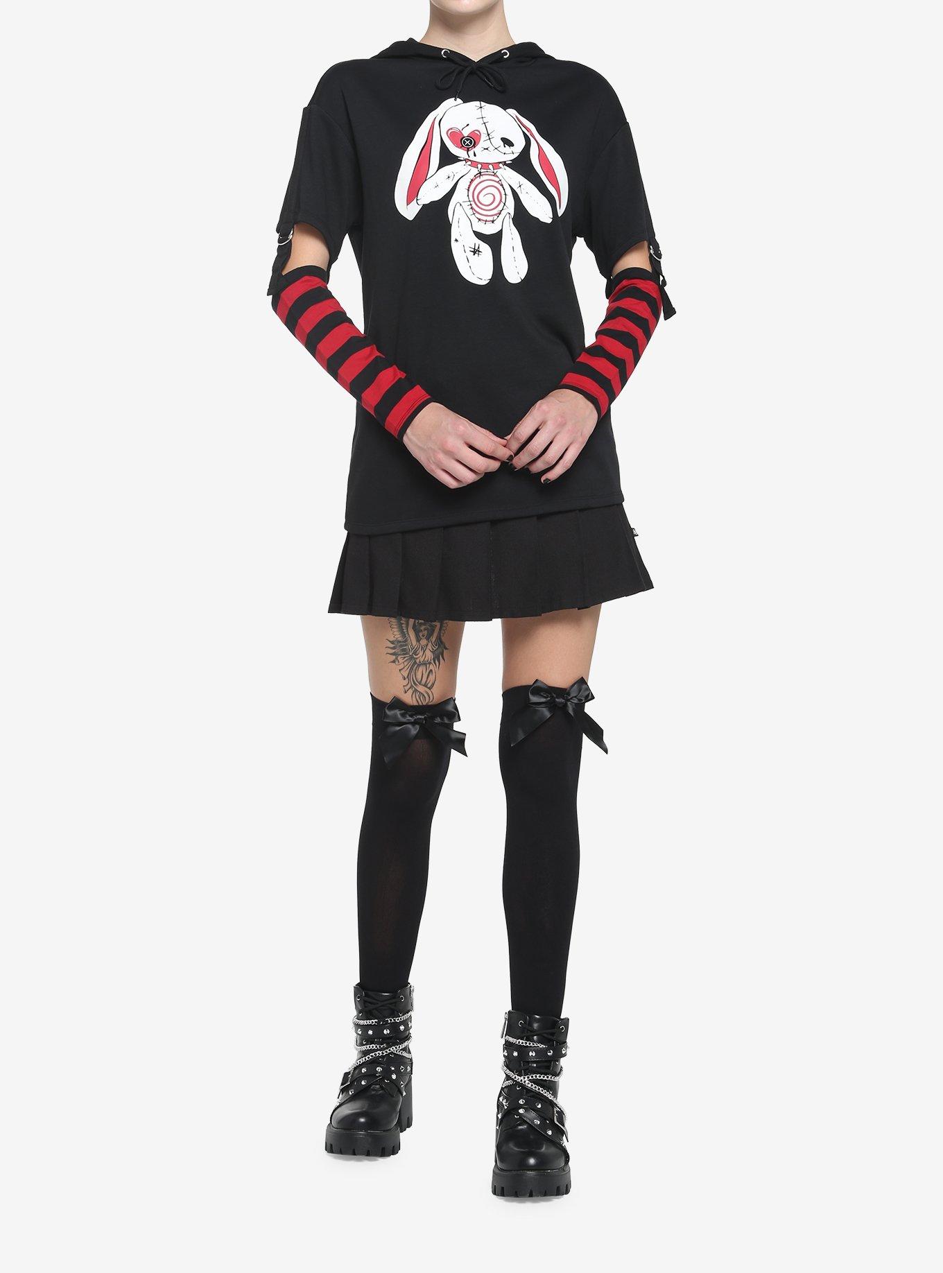 Black & Red Bunny Girls Detachable Sleeve Hoodie, BLACK, alternate