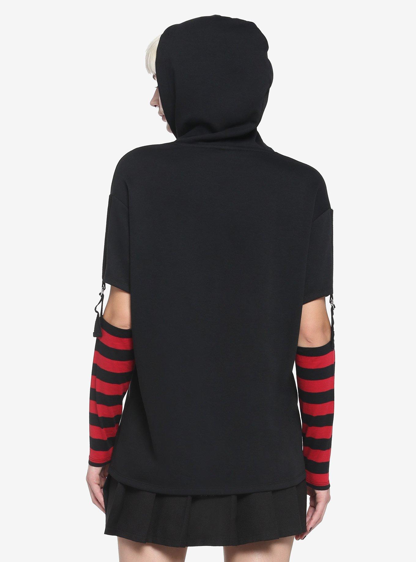 Black & Red Bunny Girls Detachable Sleeve Hoodie, BLACK, alternate