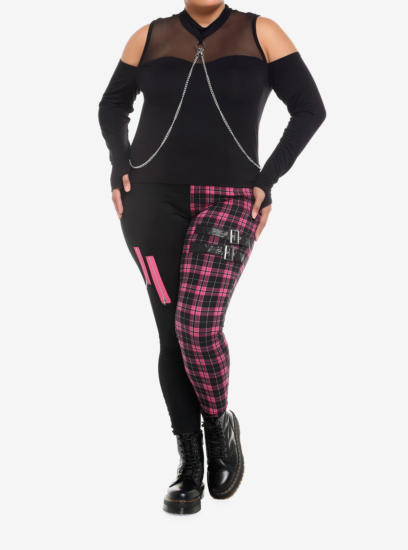 Black Mesh Chain Cold Shoulder Girls Long-Sleeve Top Plus Size, BLACK, alternate