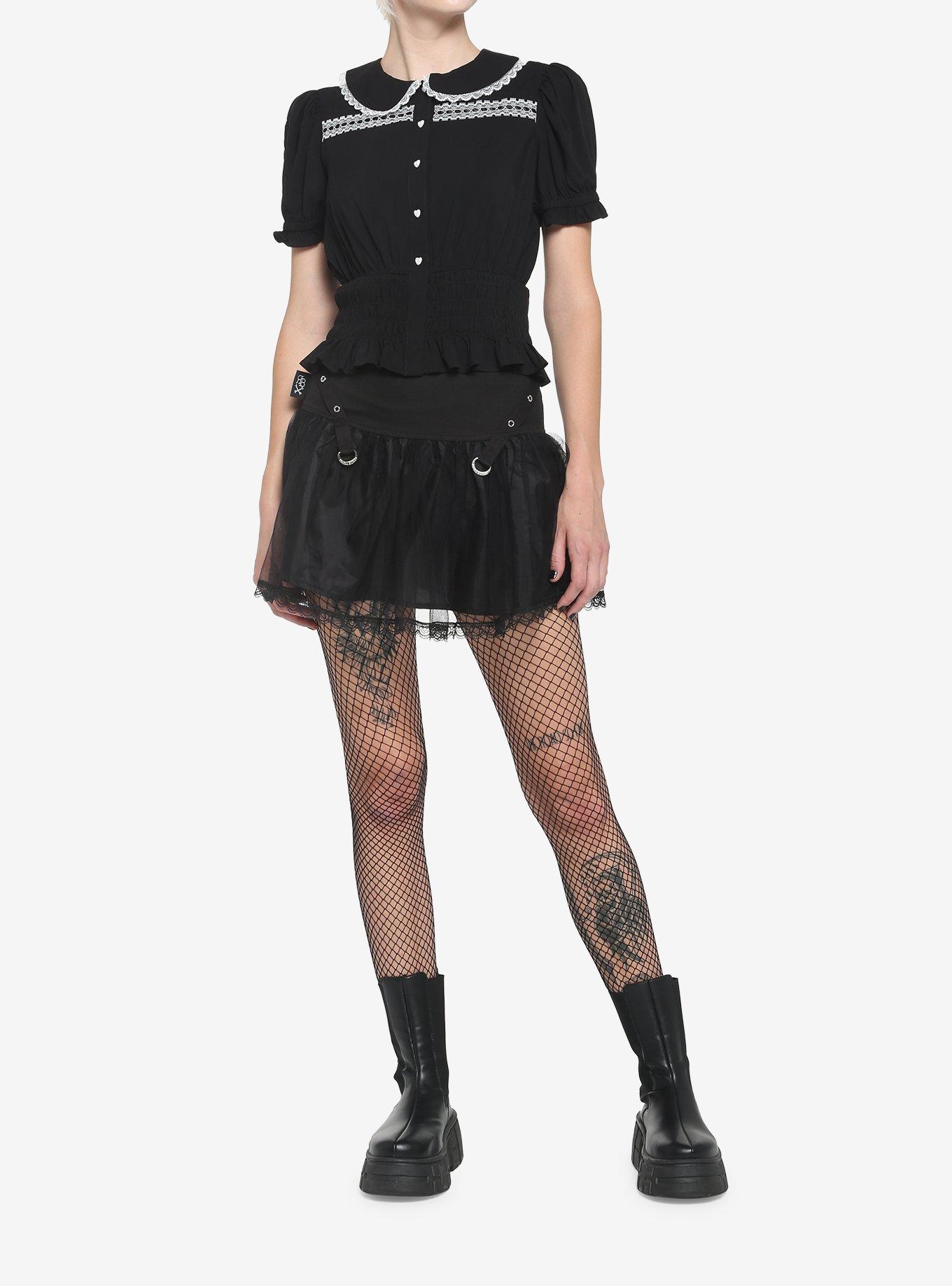 Black Smocked Girls Crop Woven Button-Up, BLACK, alternate