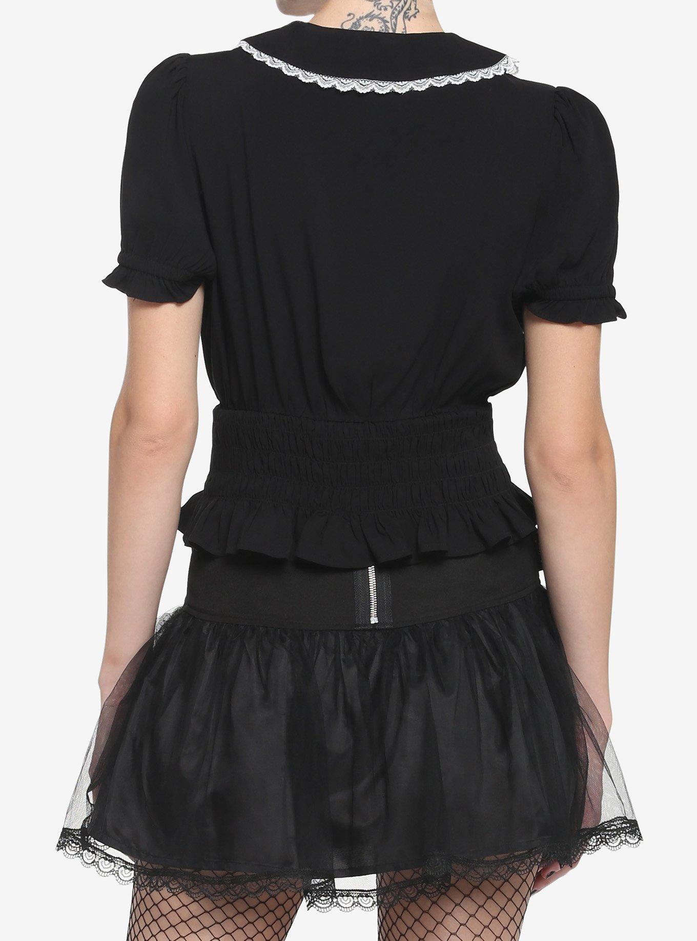 Black Smocked Girls Crop Woven Button-Up, BLACK, alternate