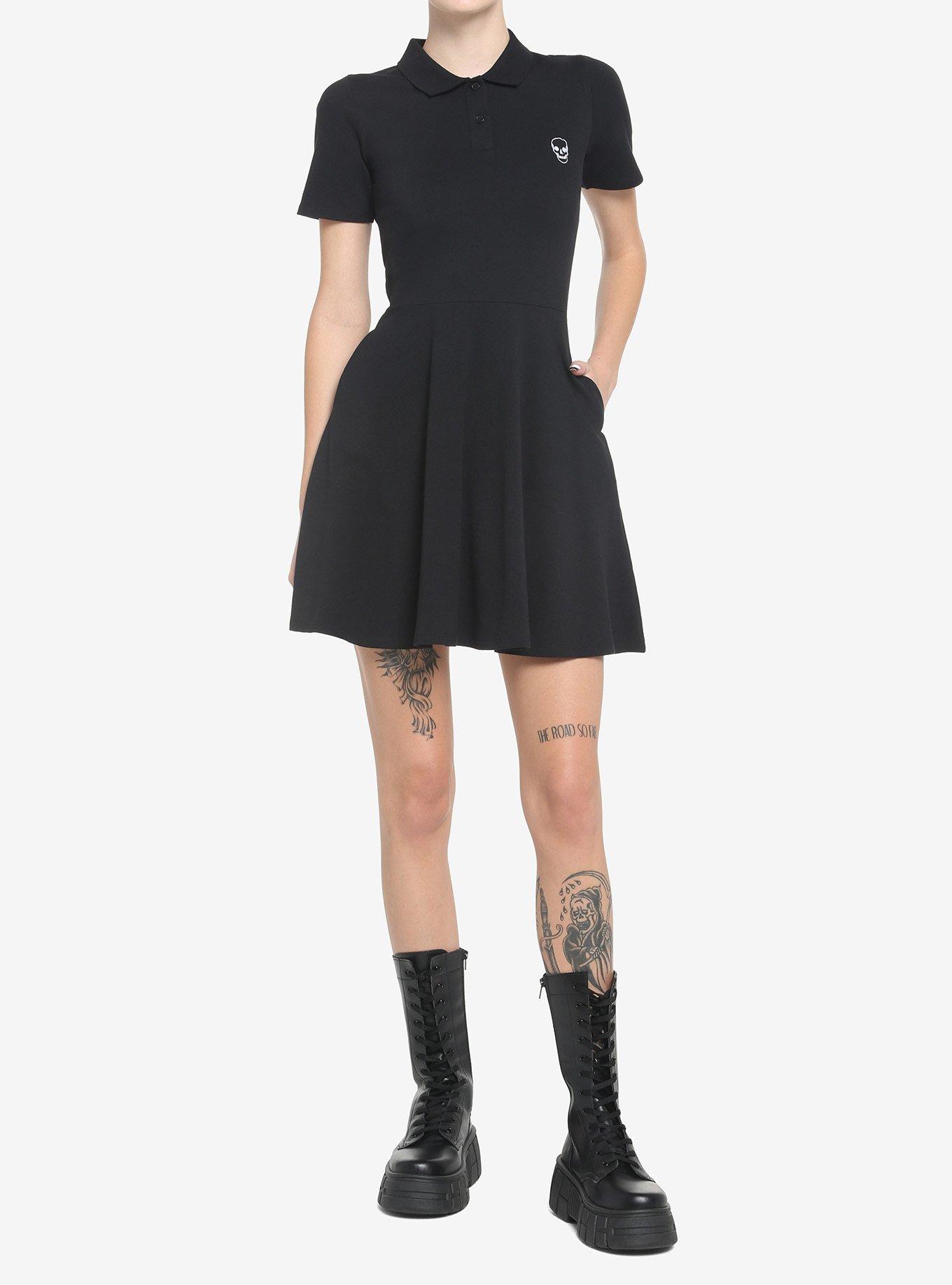 Embroidered Skull Polo Dress, BLACK, alternate
