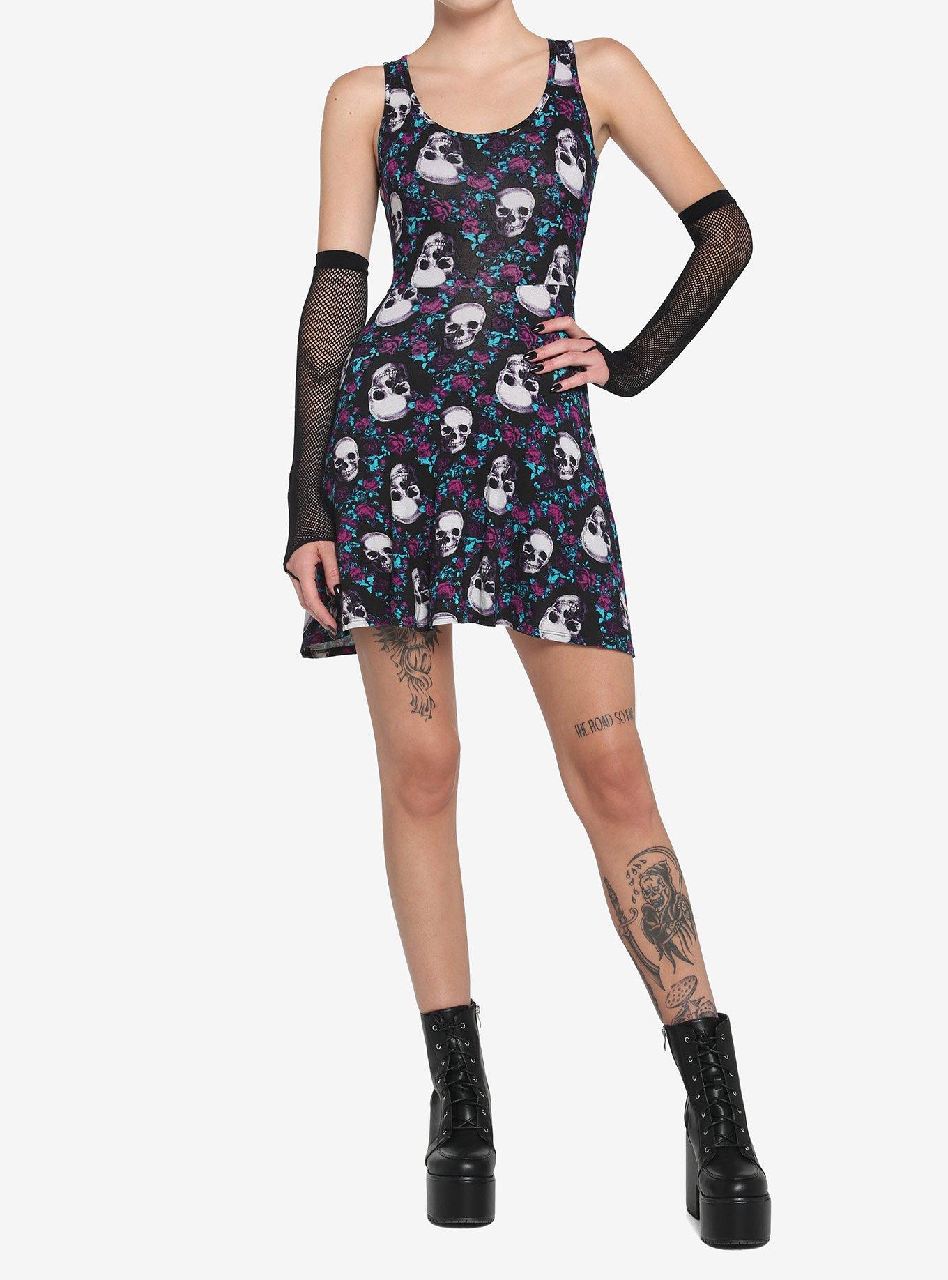 Skulls & Flowers Skater Dress With Lace Back, , hi-res