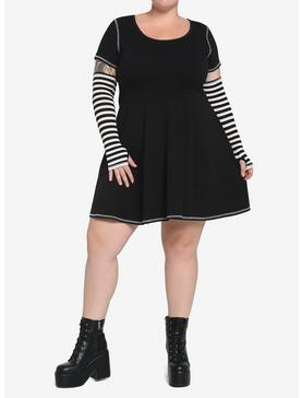 Black & White Contrast Stitch Skater Dress Plus Size With Arm Warmers, , hi-res