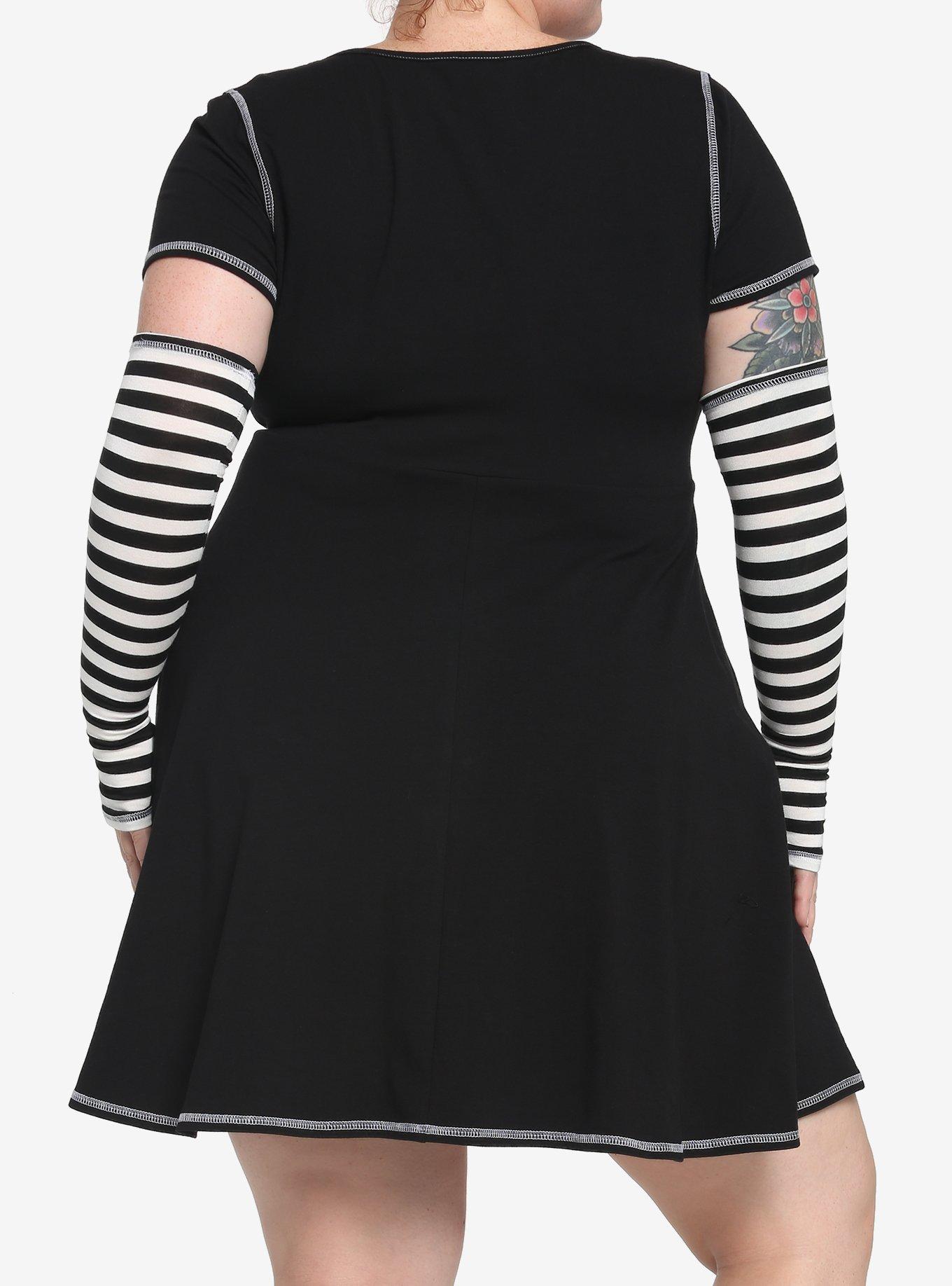 Black & White Contrast Stitch Skater Dress Plus Size With Arm Warmers, MULTI, alternate