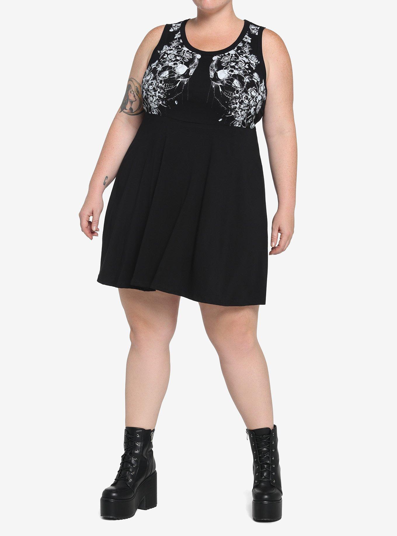 Skull Floral Skater Dress Plus Size, BLACK, alternate