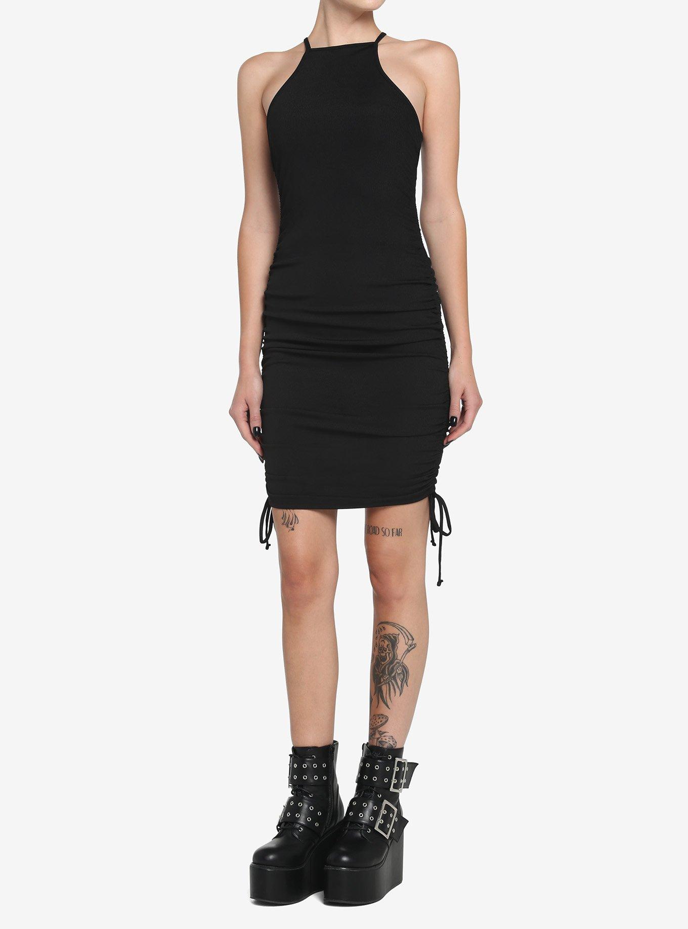 Black High Neck Ruched Dress, , hi-res