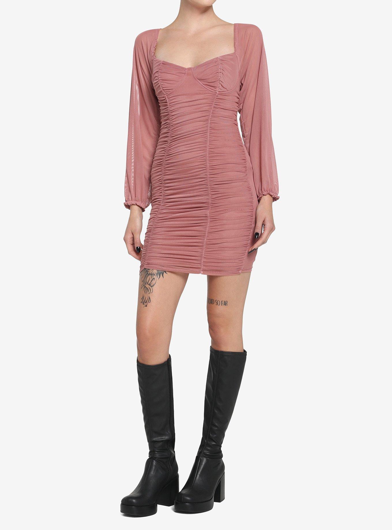 Rose Pink Ruched Long-Sleeve Mini Dress, PINK, alternate