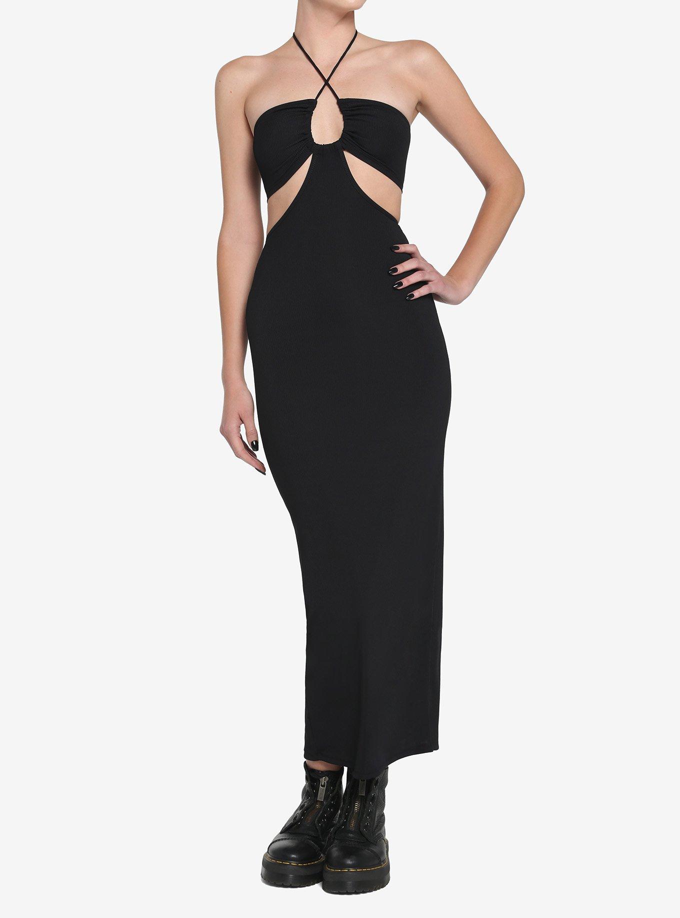 Black Halter Cutout Maxi Dress, BLACK, alternate