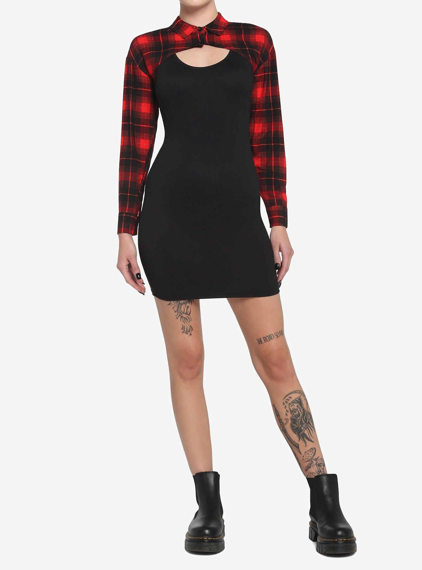 Red Plaid & Black TwoFer Mini Dress, PLAID, alternate