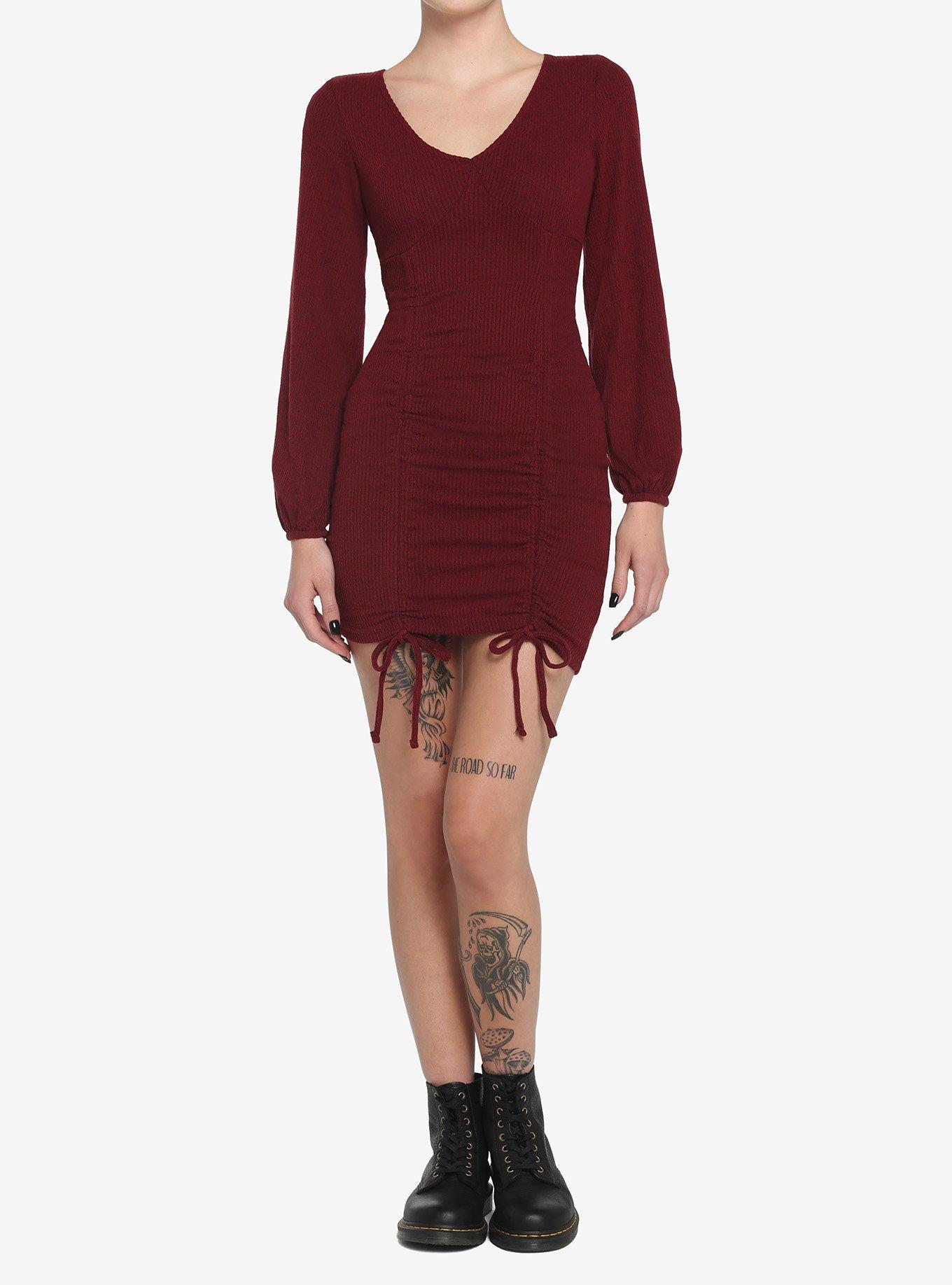 Burgundy Red Ruched Front Long-Sleeve Dress, RED, alternate