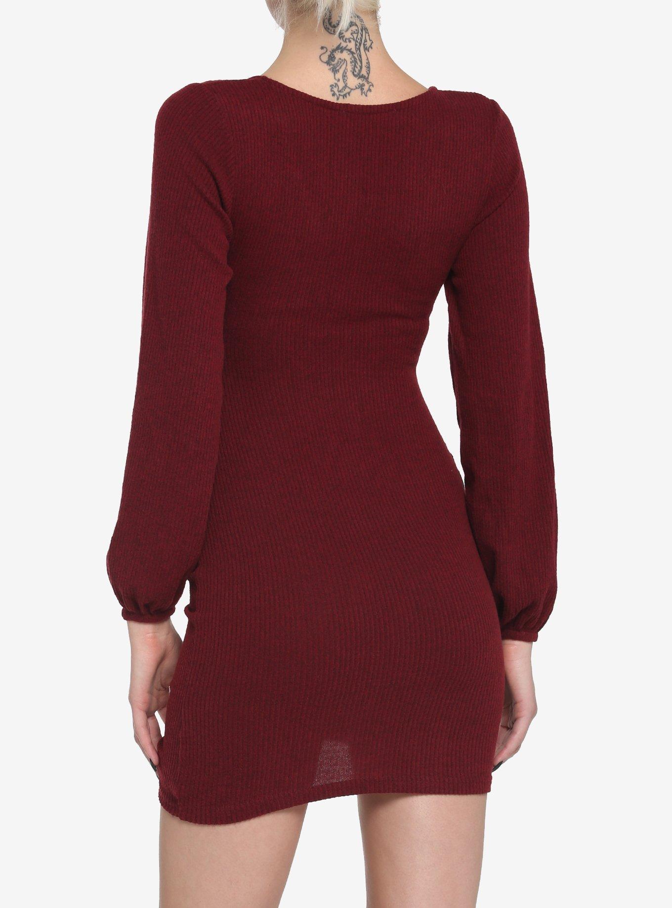 Burgundy Red Ruched Front Long-Sleeve Dress, RED, alternate