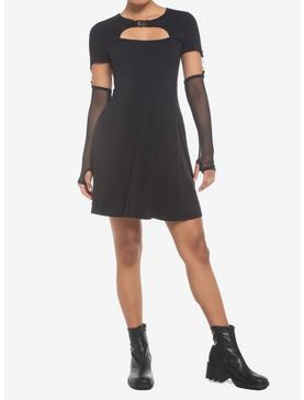Black Cutout Skater Dress With Arm Warmers, , hi-res