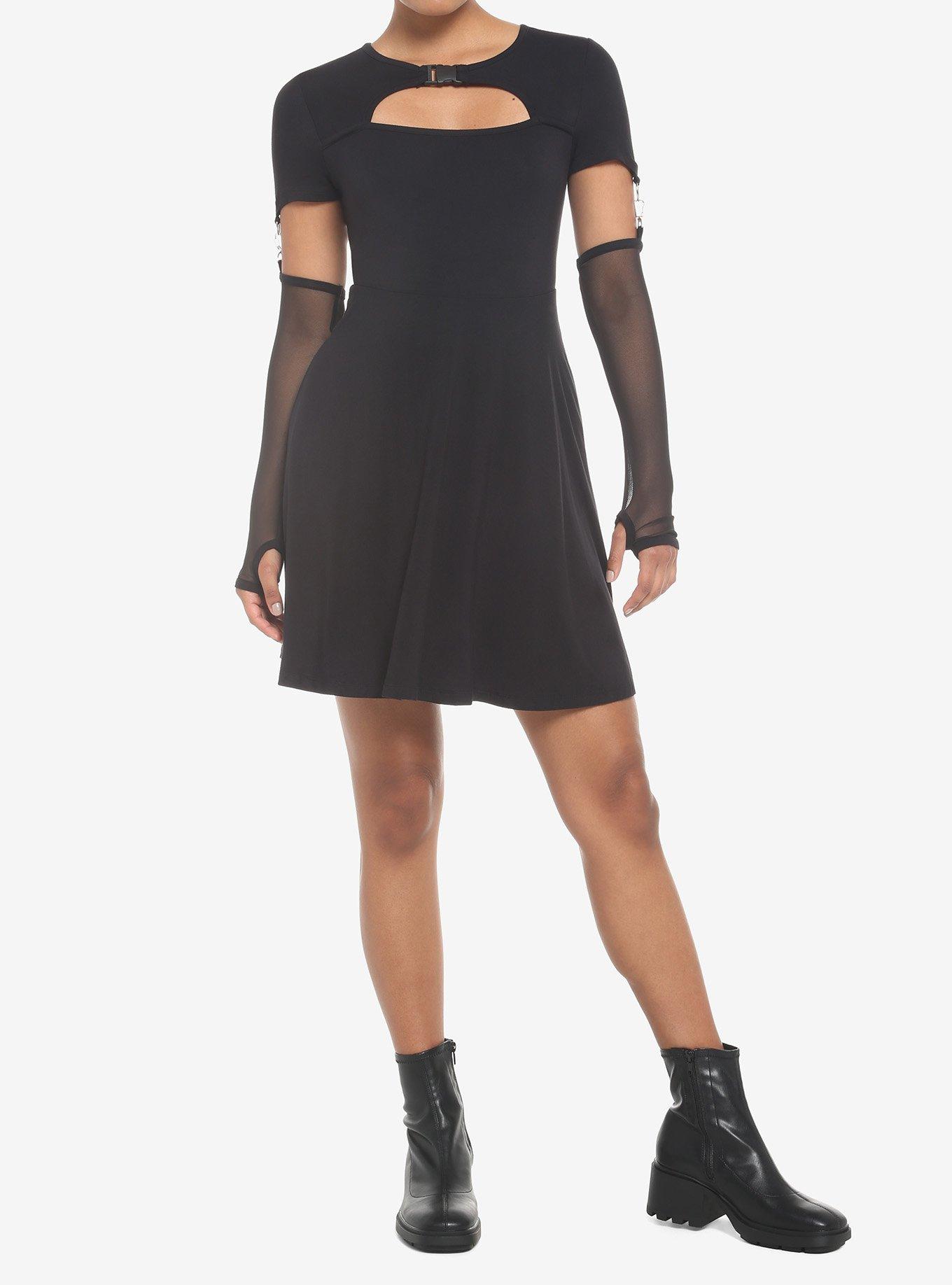 Black Cutout Skater Dress With Arm Warmers, BLACK, alternate