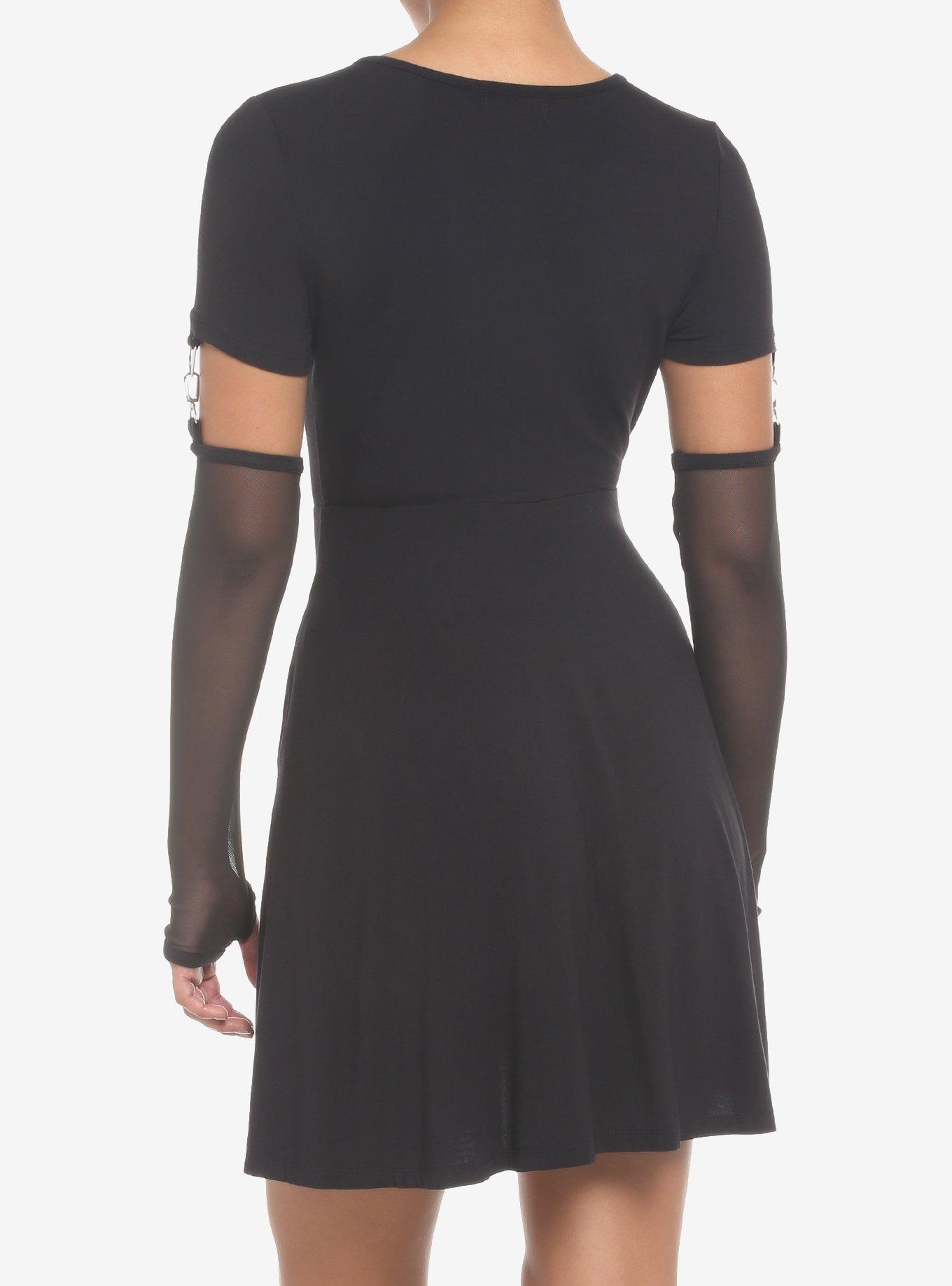 Black Cutout Skater Dress With Arm Warmers, BLACK, alternate