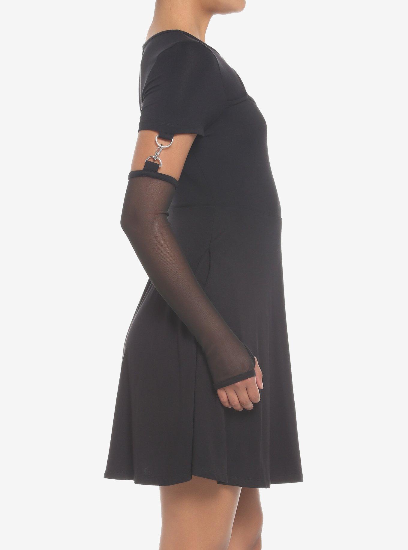 Black Cutout Skater Dress With Arm Warmers, BLACK, alternate