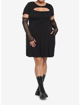 Black Cutout Skater Dress With Arm Warmers Plus Size, , hi-res