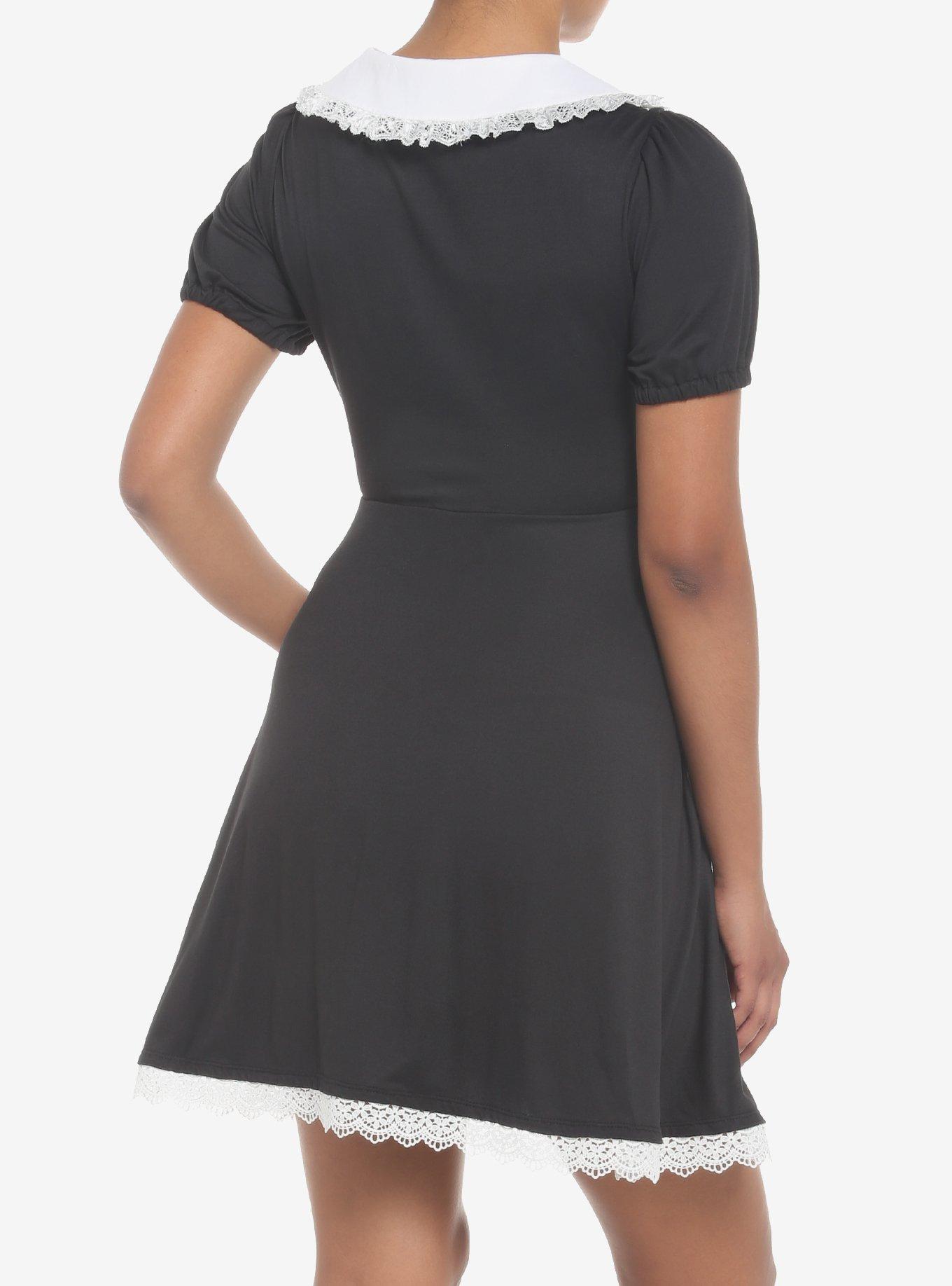 Mushroom Foliage Lace Collar Cutout Sweetheart Dress, BLACK, alternate