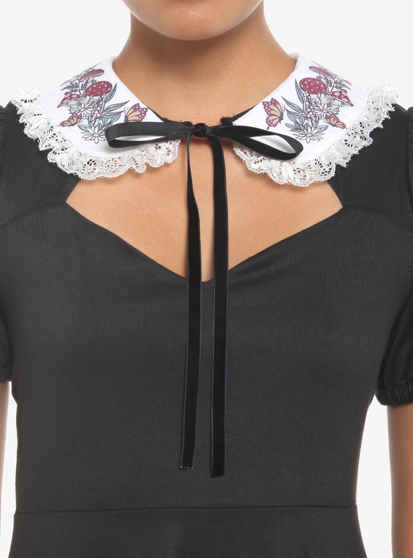 Mushroom Foliage Lace Collar Cutout Sweetheart Dress, BLACK, alternate