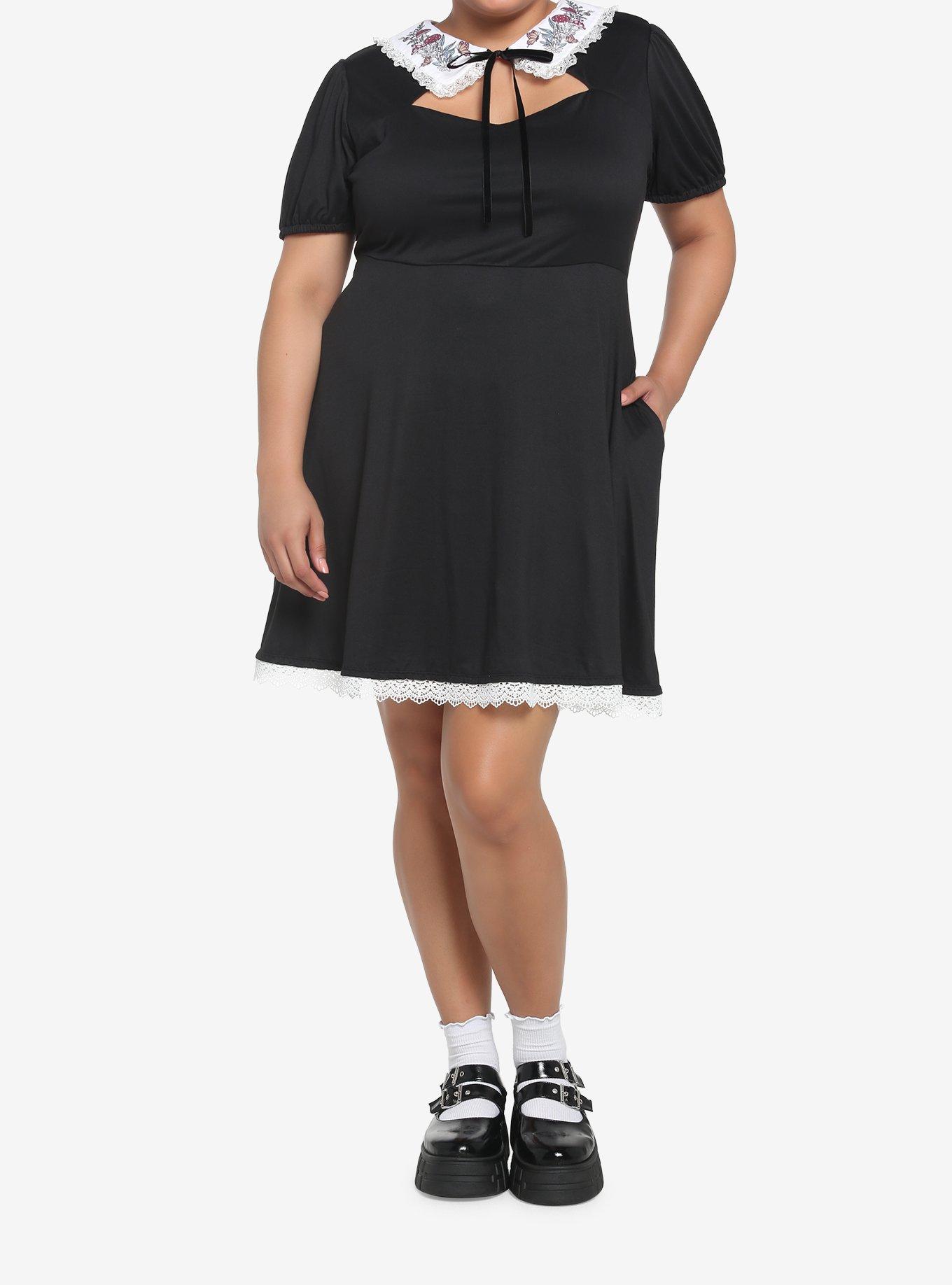 Mushroom Foliage Lace Collar Cutout Sweetheart Dress Plus Size, BLACK, alternate