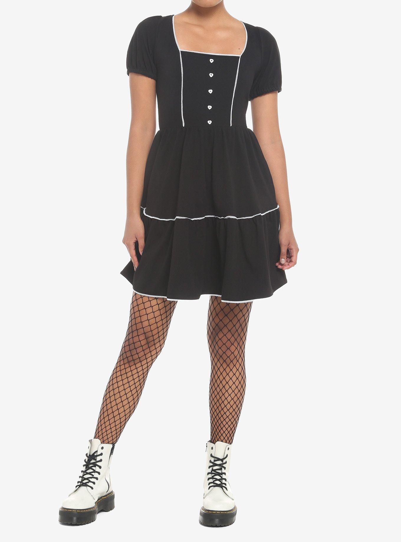 Black Square Neck Tiered Dress, BLACK, alternate