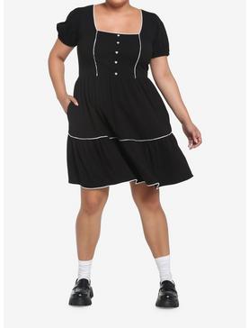 Black Square Neck Tiered Dress Plus Size, , hi-res