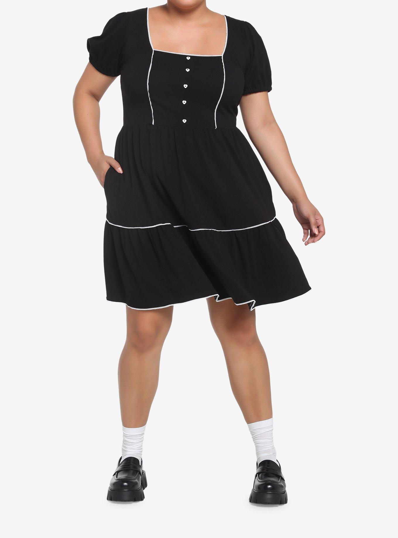 Black Square Neck Tiered Dress Plus Size, BLACK, alternate