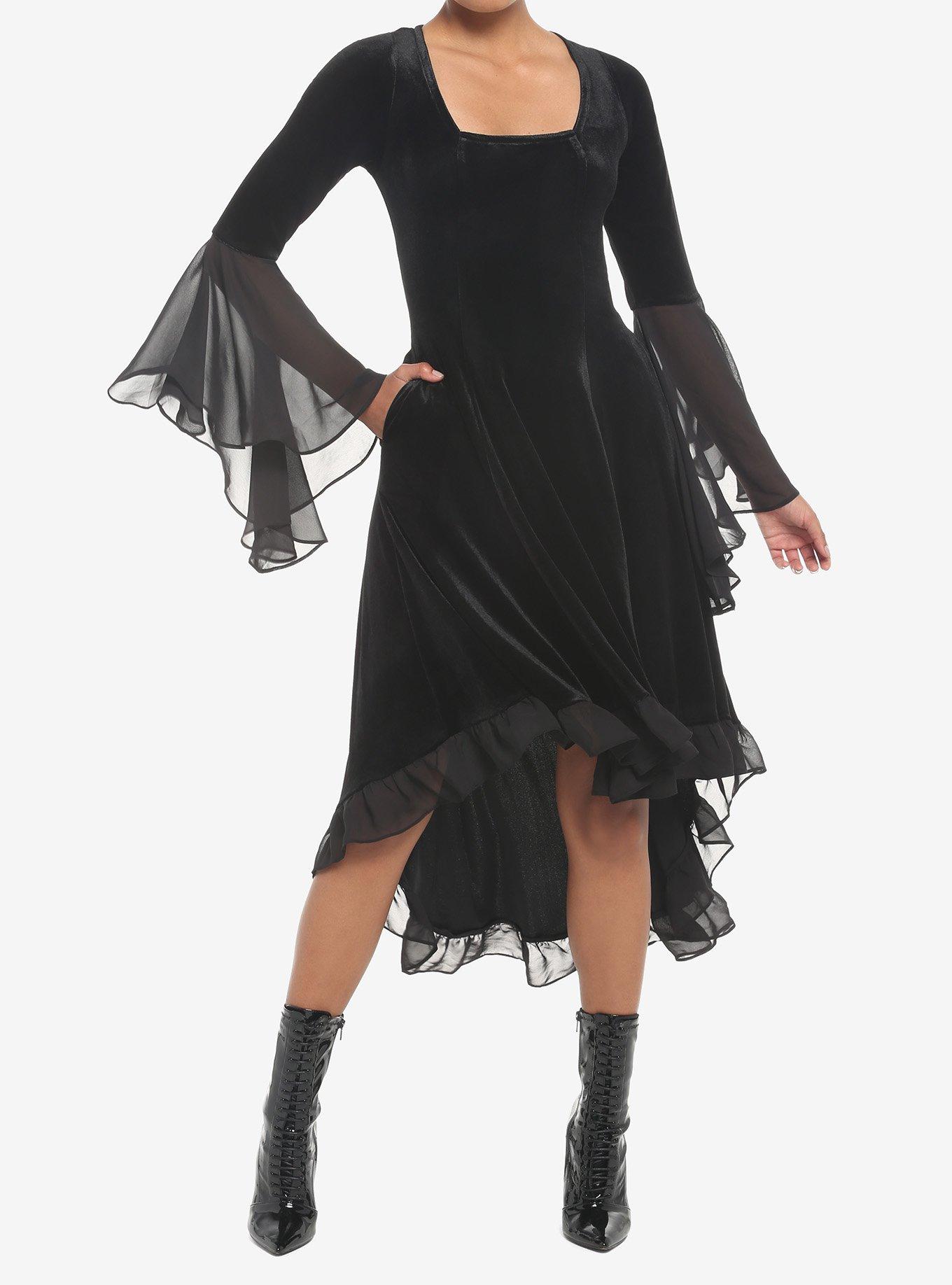 Black Velvet Bell-Sleeve Hi-Low Dress, BLACK, alternate