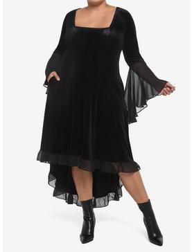 Black Velvet Bell-Sleeve Hi-Low Dress Plus Size, , hi-res