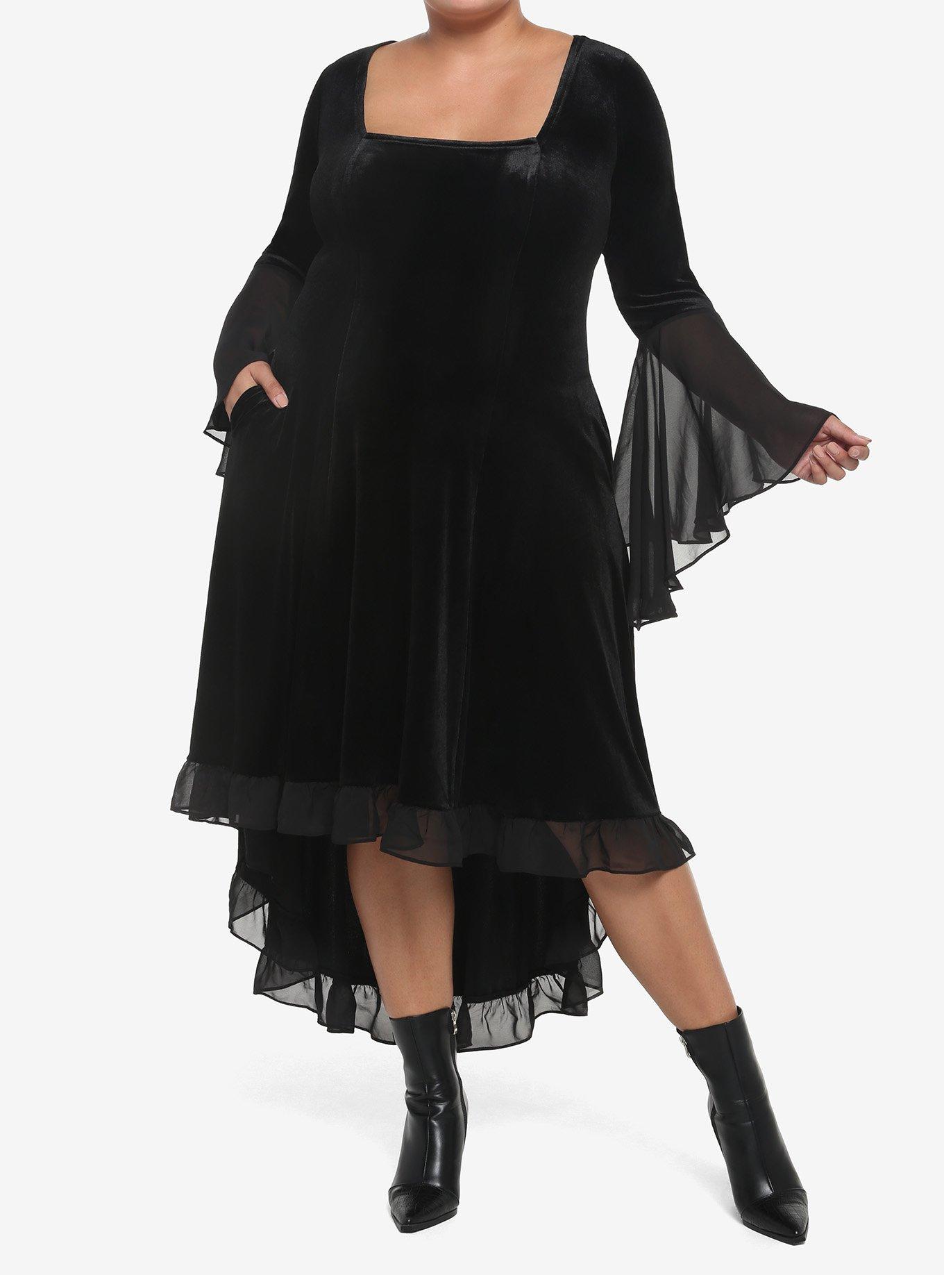 Black Velvet Bell-Sleeve Hi-Low Dress Plus Size, , hi-res