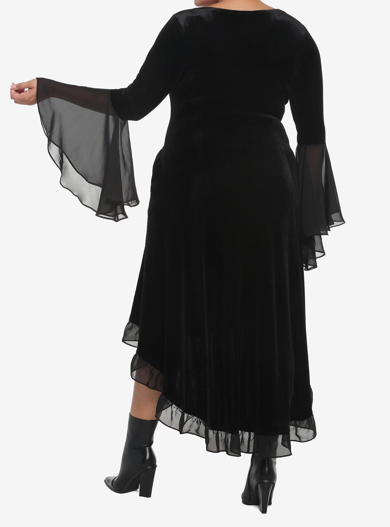 Black Velvet Bell-Sleeve Hi-Low Dress Plus Size, BLACK, alternate