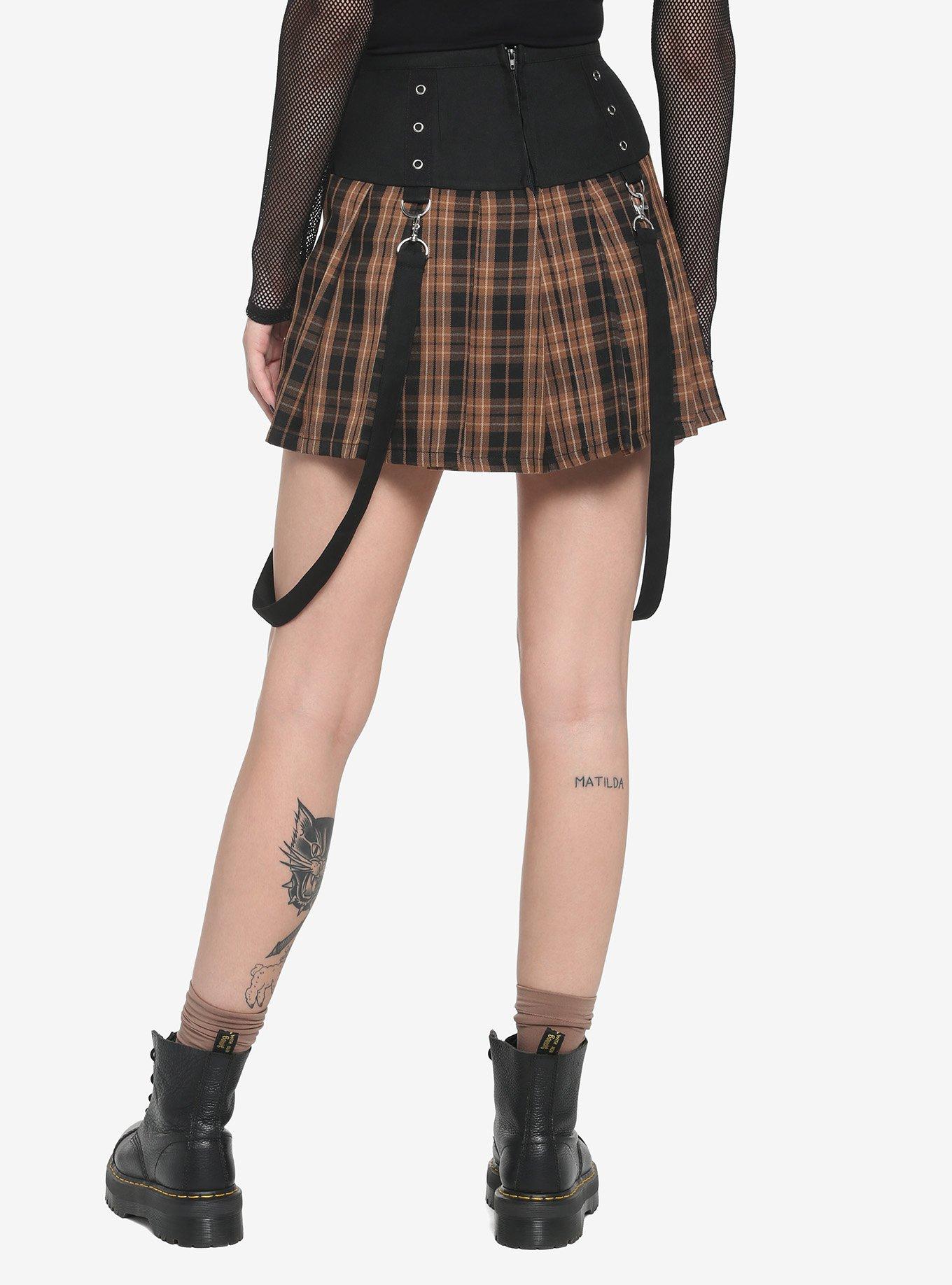 Brown Plaid Pleated Suspender Skirt, PLAID - BROWN, alternate