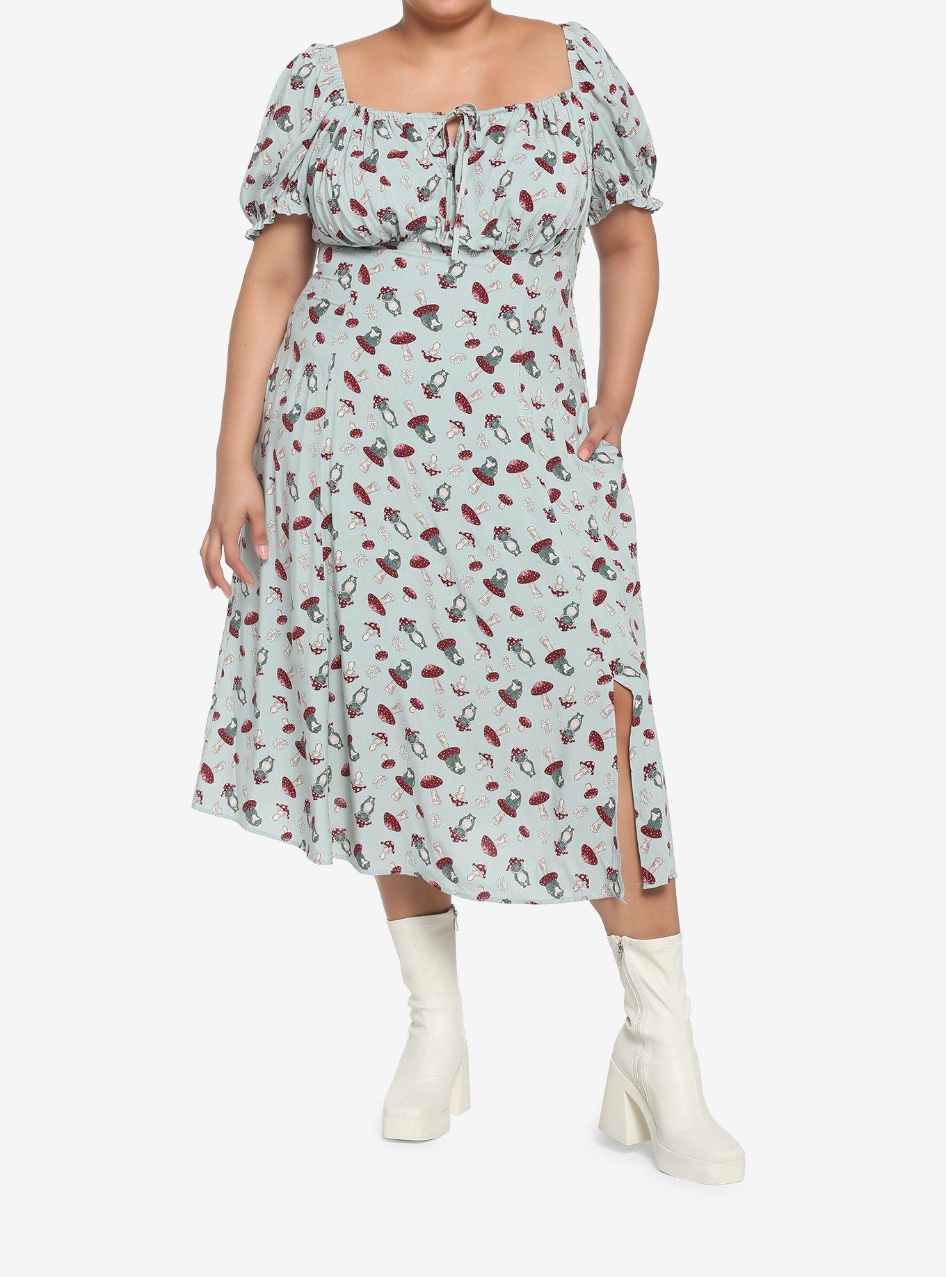 Frog Mushroom Sage Green Empire Midi Dress Plus Size, GREEN, alternate