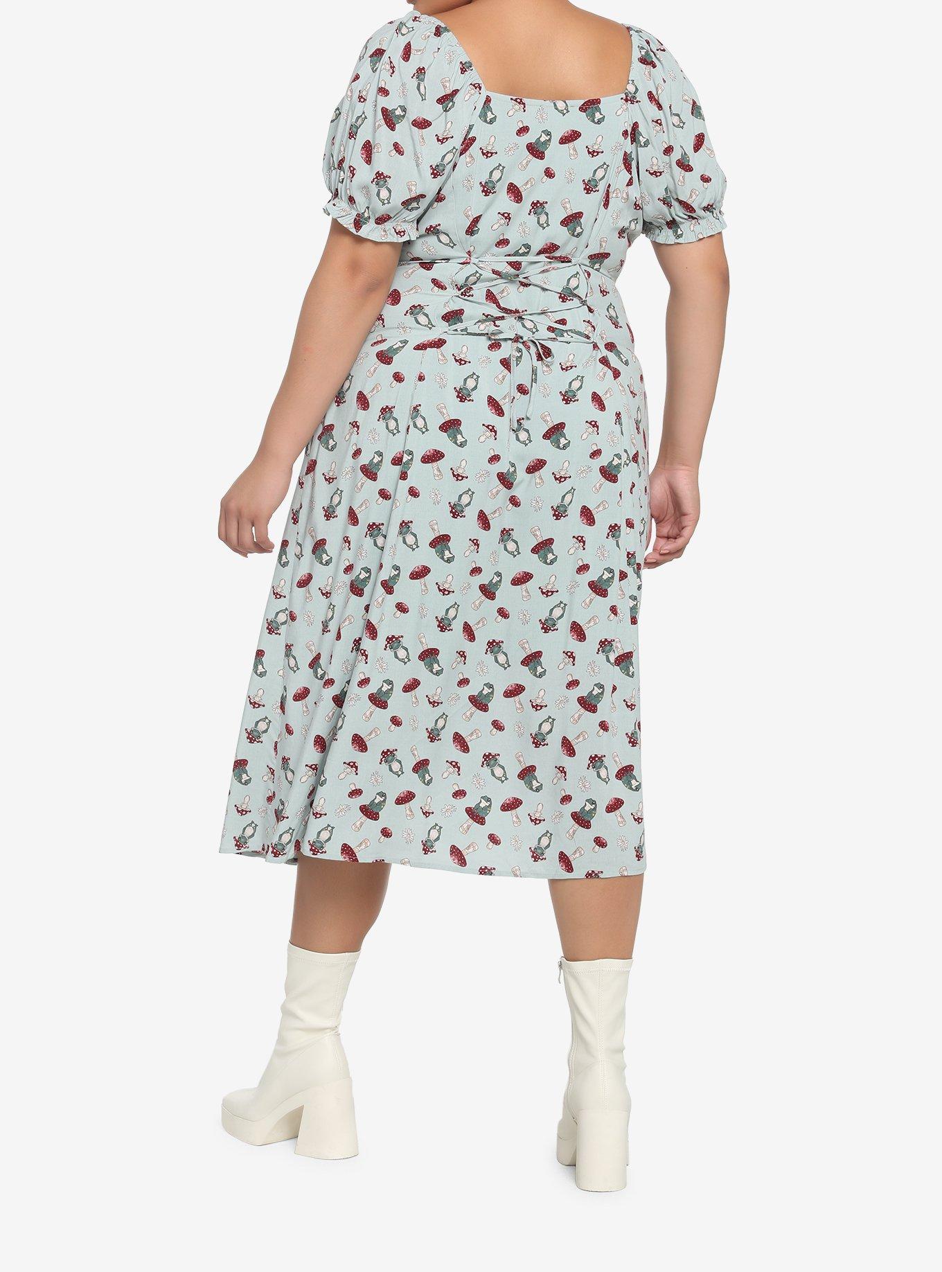 Frog Mushroom Sage Green Empire Midi Dress Plus Size, GREEN, alternate
