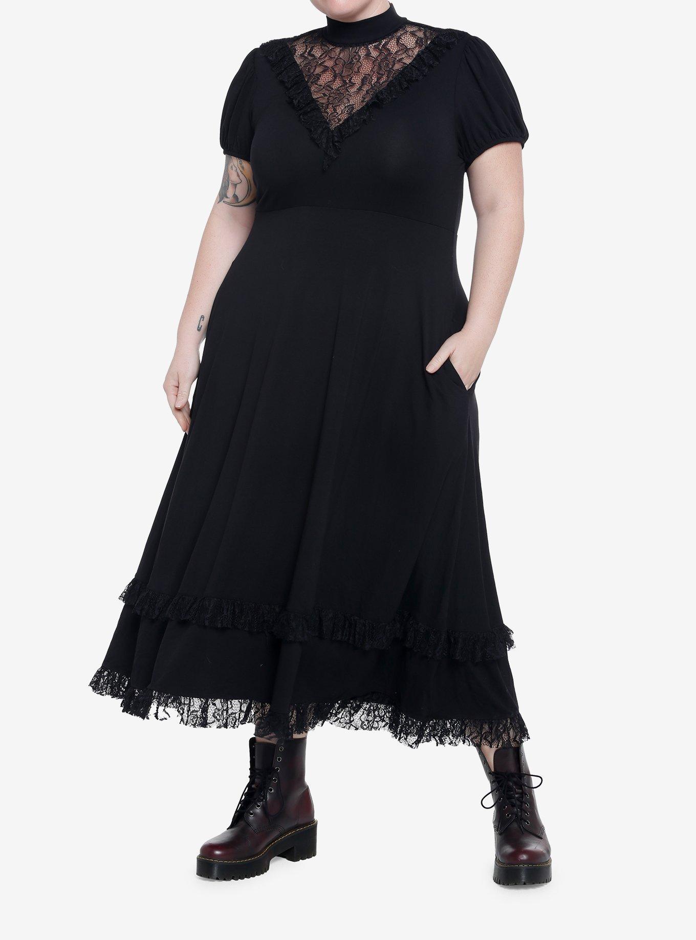 Black Lace Midi Dress Plus Size, BLACK, alternate
