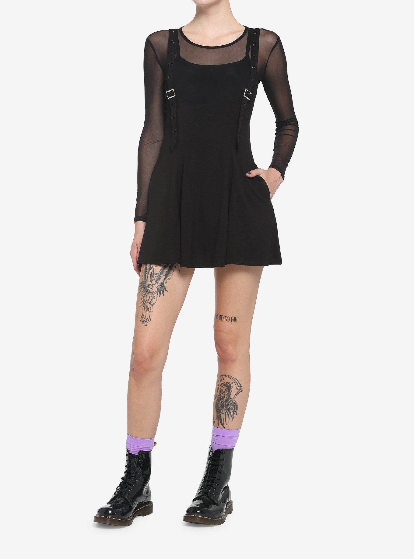 Black Grommet High-Waisted Suspender Skirt, , hi-res