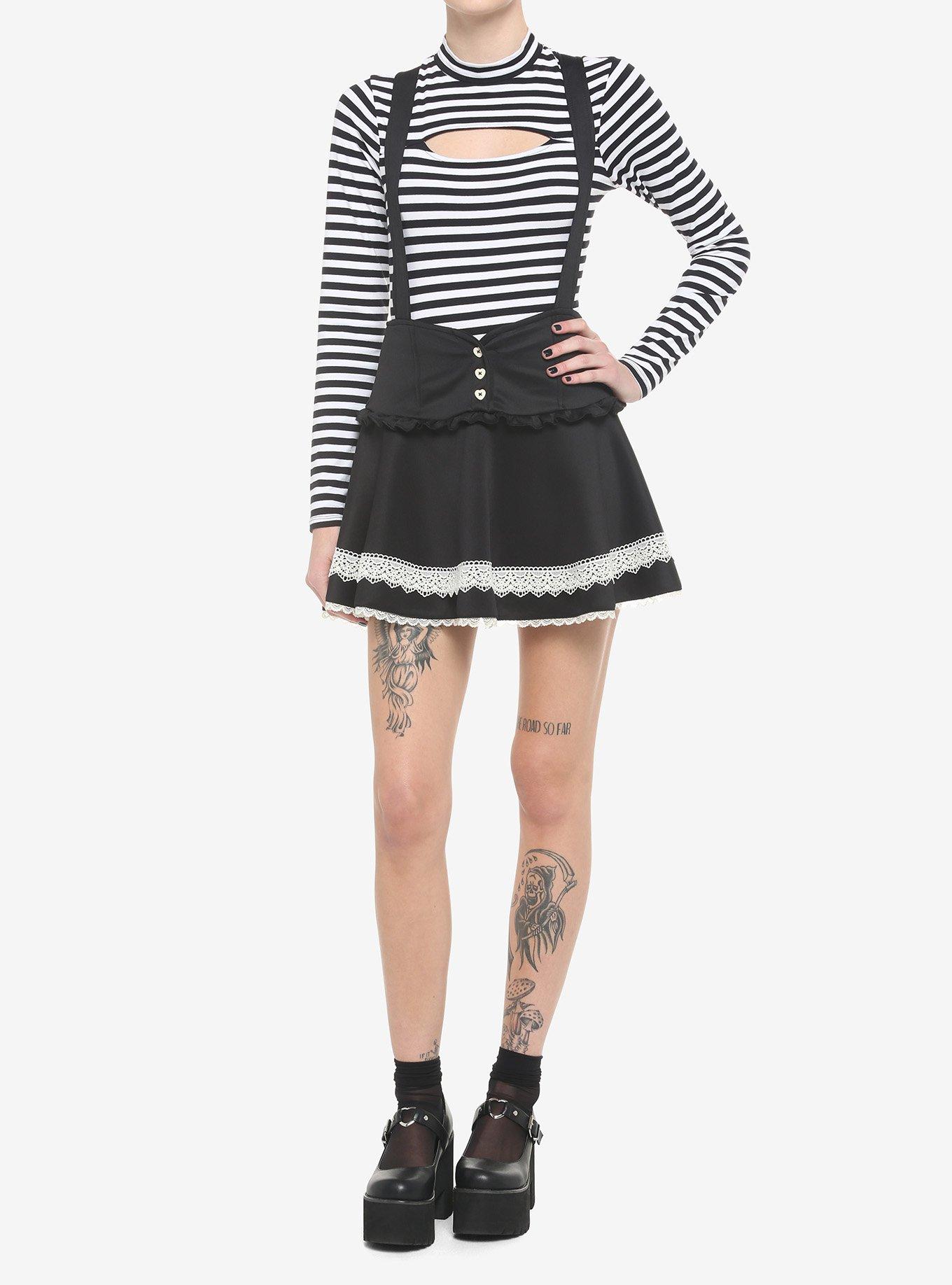 Black & White Lace Heart Waist Suspender Skirt, BLACK, alternate