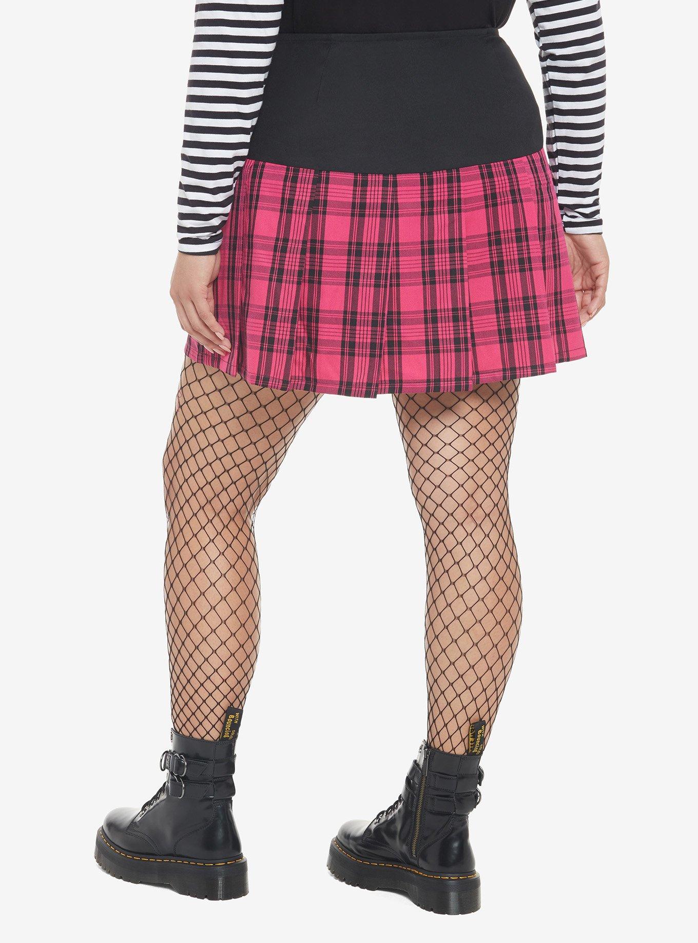 Pink Plaid Lace-Up Pleated Skirt Plus Size, PLAID - PINK, alternate