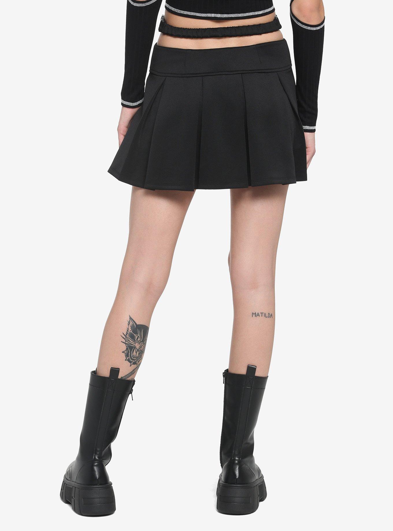 Black Side Cutout Pleated Skirt, BLACK, alternate