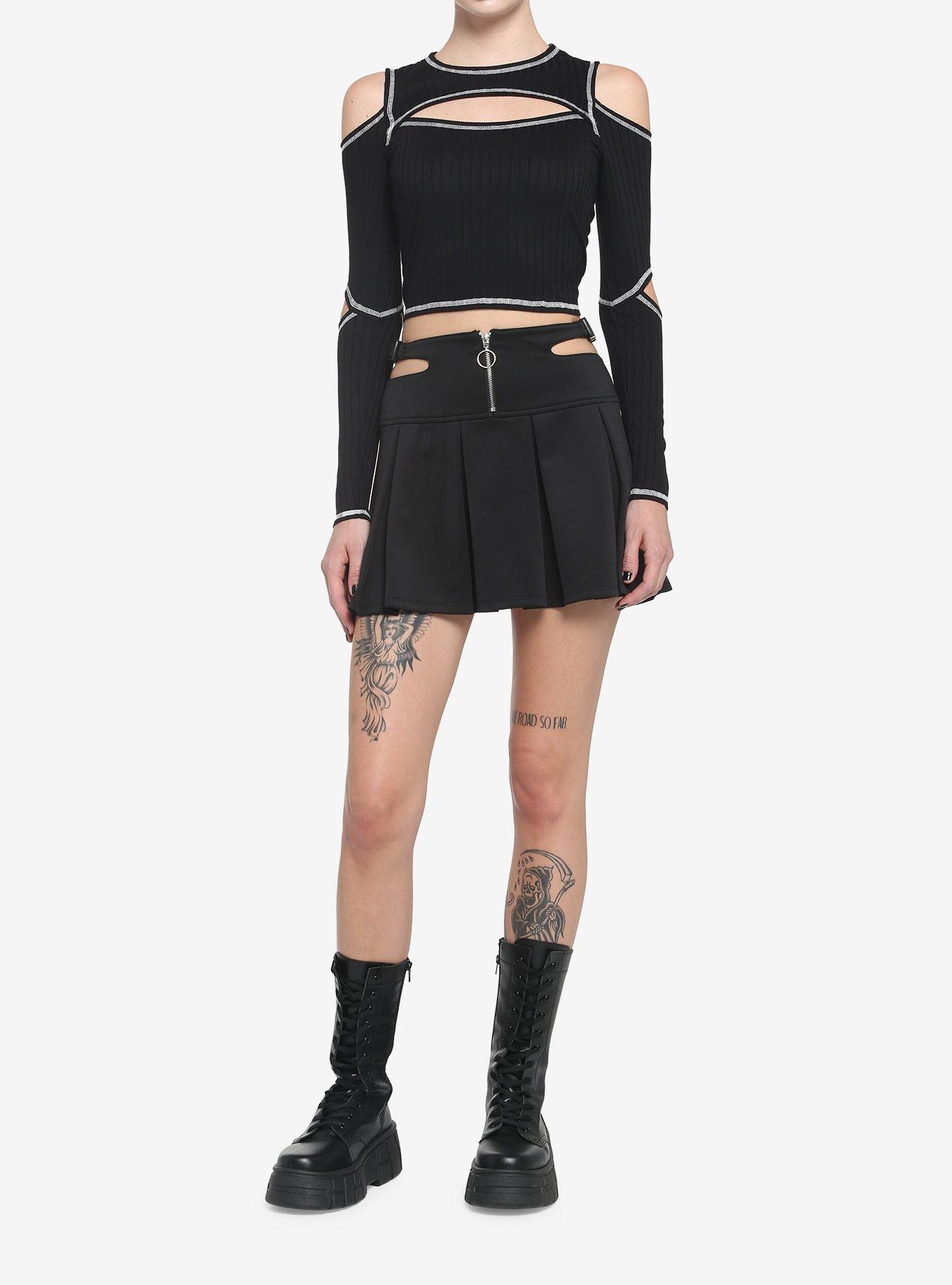 Black Side Cutout Pleated Skirt, BLACK, alternate