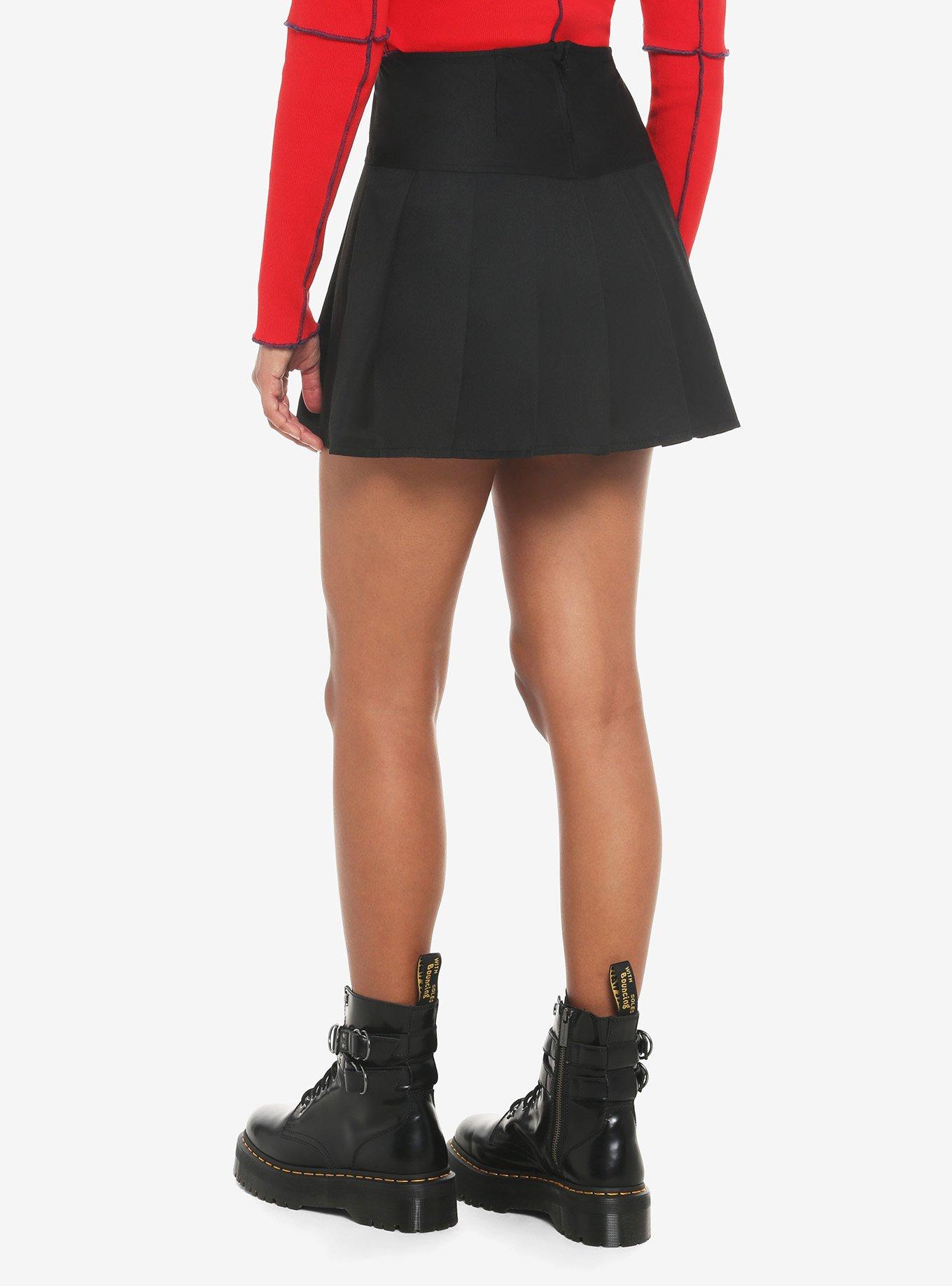 Safety Pin Pleated Skirt, BLACK, alternate